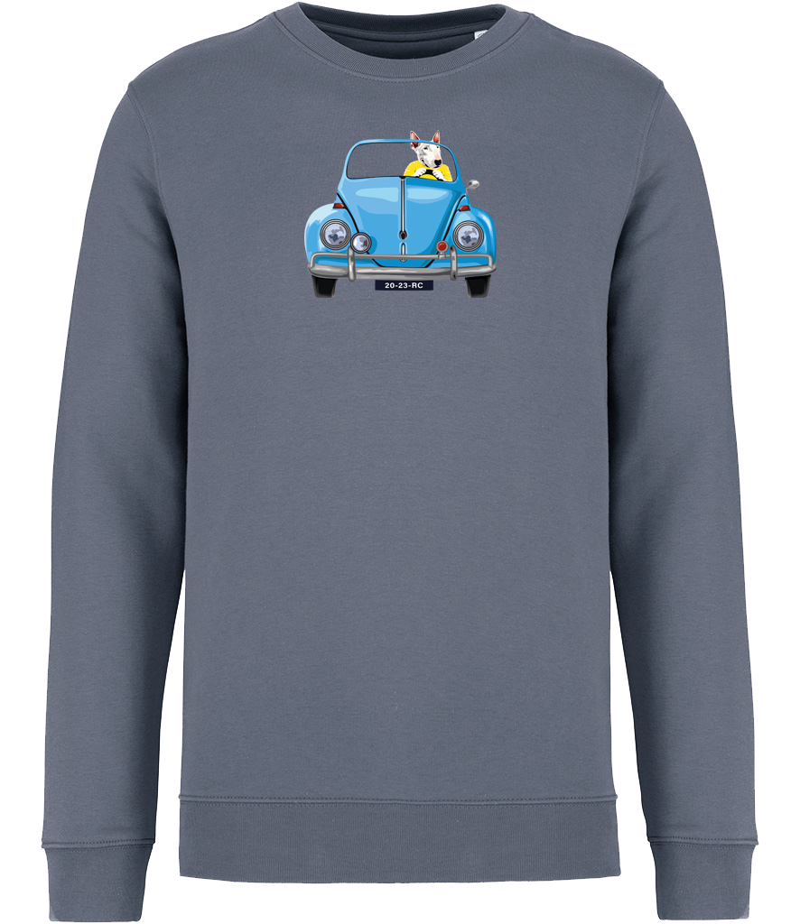 Mineral Grey Sweatshirt printed with an English Bull Terrier Dog wearing a yellow top driving a Blue Beetle Car