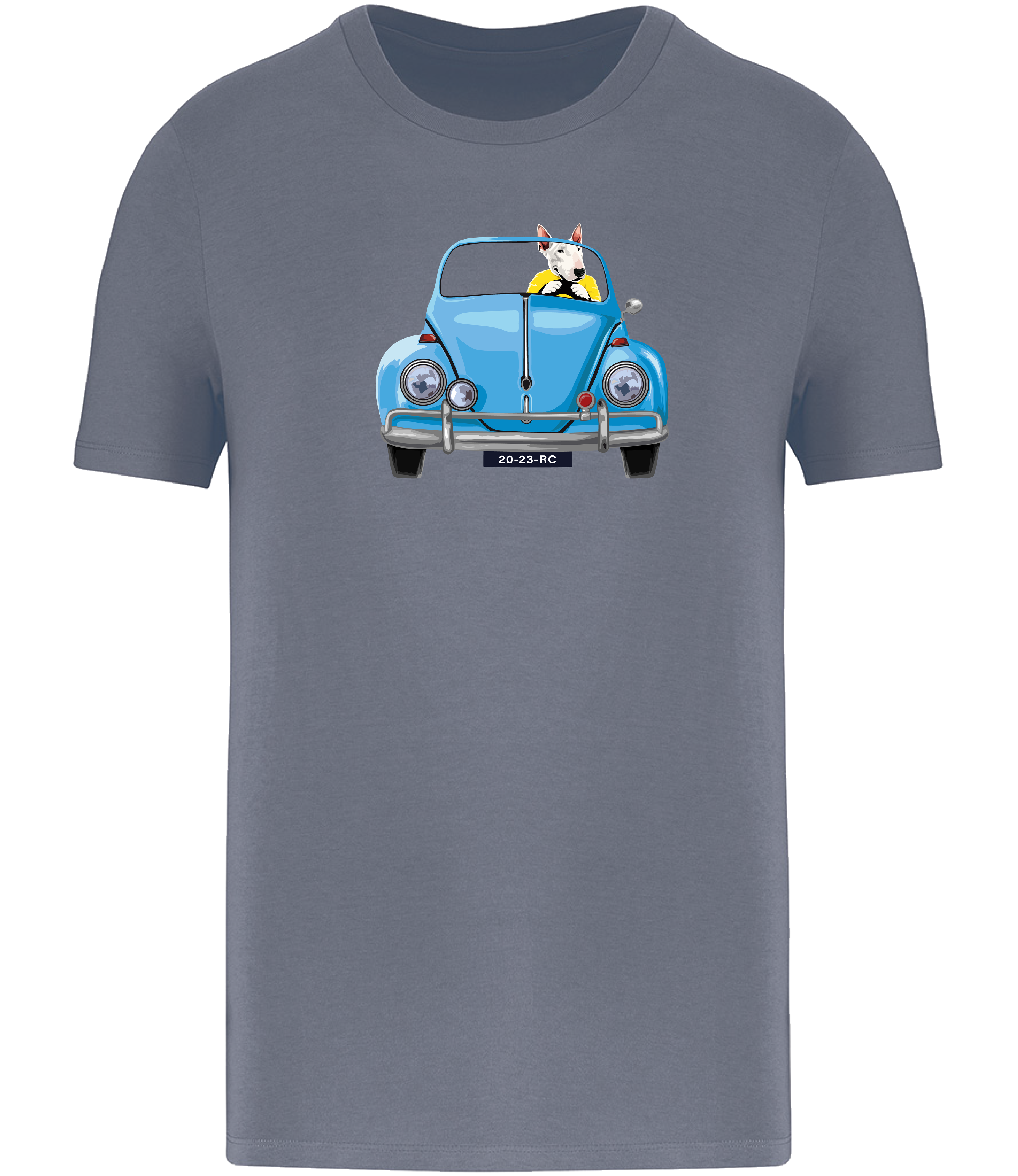 Mineral Grey T-shirt printed with an English Bull Terrier Dog wearing a yellow top driving a Blue Beetle Car