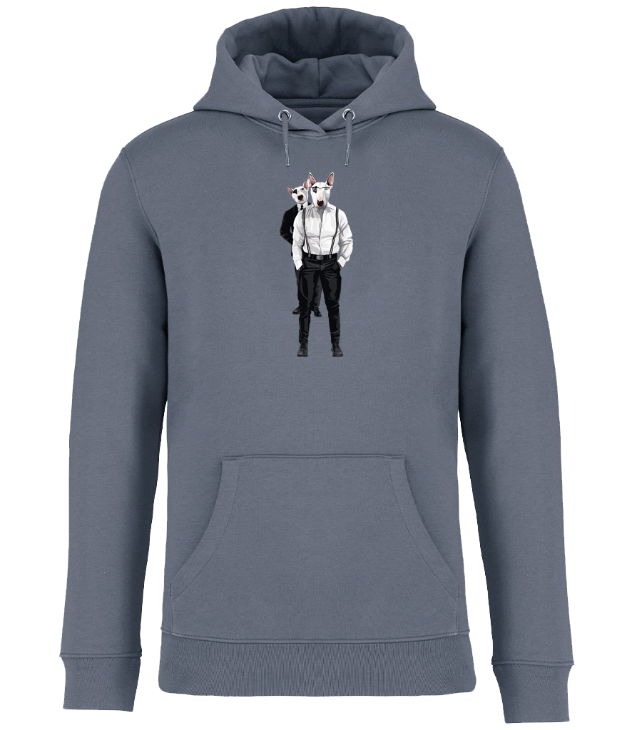 Mineral Grey Hoodie printed with 2 English Bull Terriers wearing suits and braces. One wearing glasses and the other one is looking over his shoulder.
