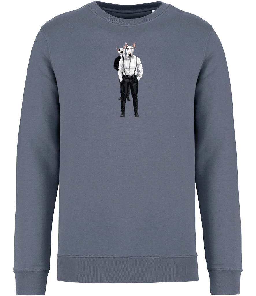Mineral Grey Sweatshirt printed with 2 English Bull Terriers wearing suits and braces. One wearing glasses and the other one is looking over his shoulder.