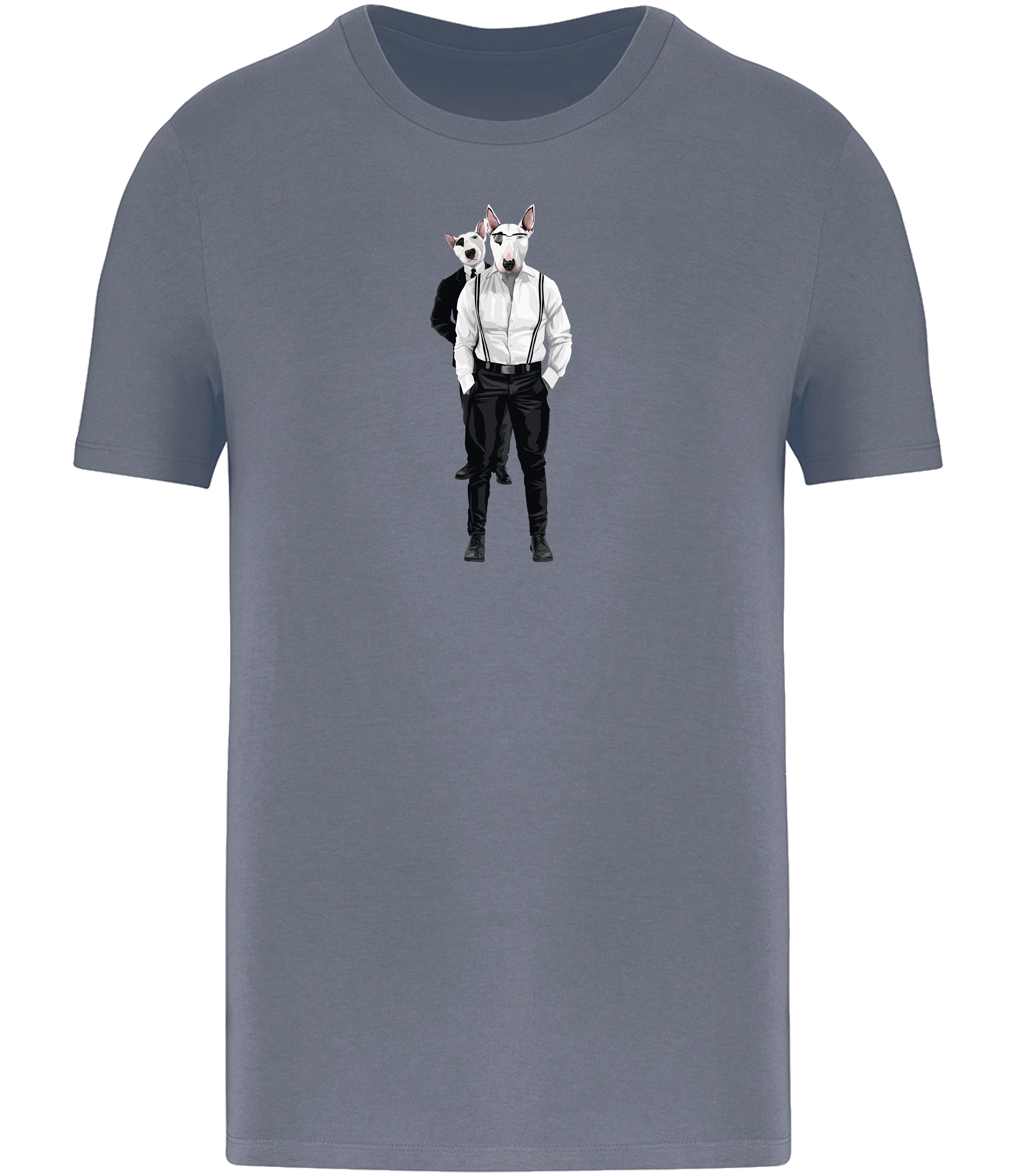 Mineral Grey T-shirt printed with 2 English Bull Terriers wearing suits and braces. One wearing glasses and the other one is looking over his shoulder.