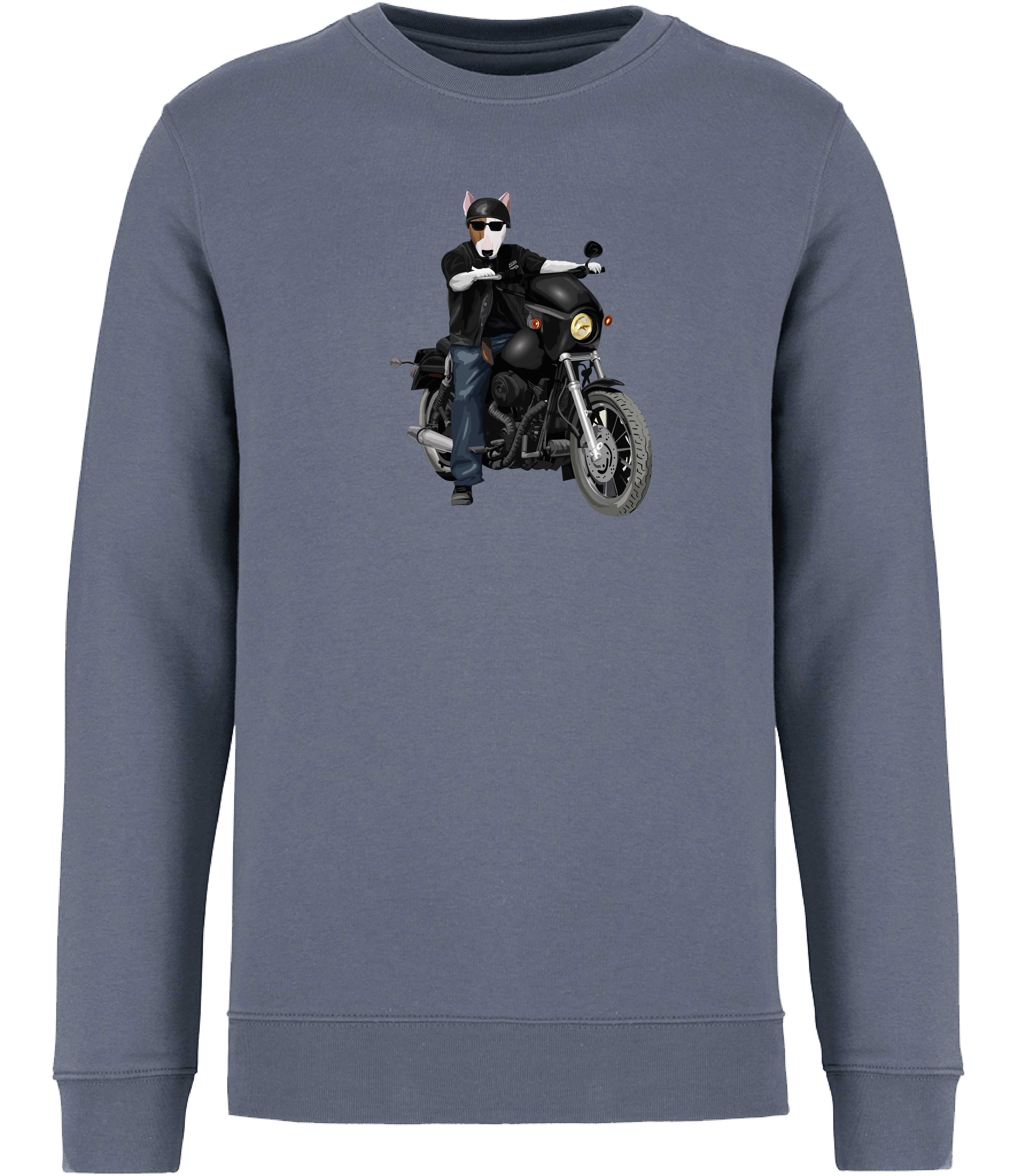 Mineral Grey Sweatshirt printed with an English Bull Terrier Dog riding a motorbike wearing a helmet