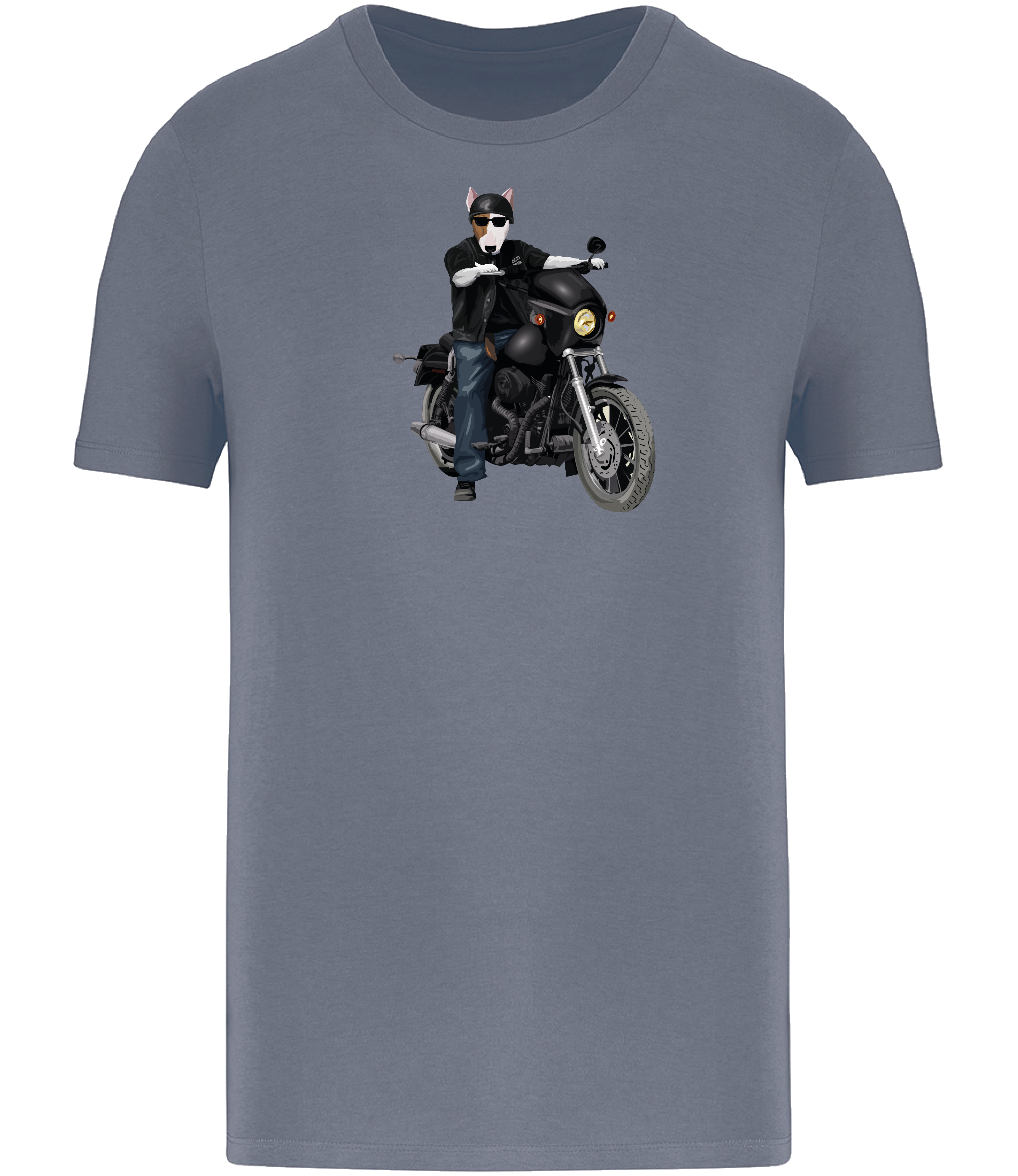 Mineral Grey T-shirt printed with an English Bull Terrier Dog riding a motorbike wearing a helmet
