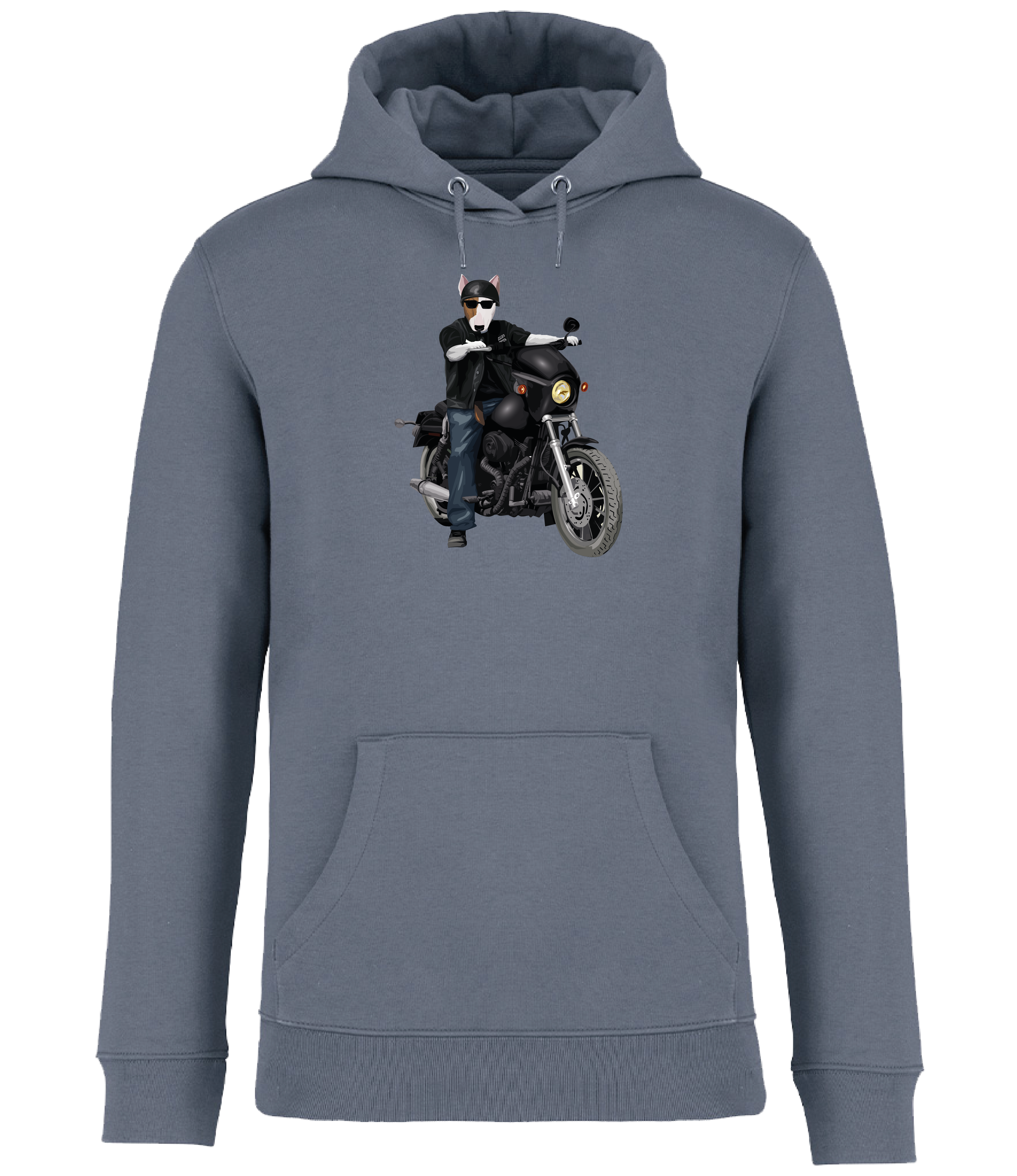 Mineral Grey Hoodie printed with an English Bull Terrier Dog riding a motorbike wearing a helmet