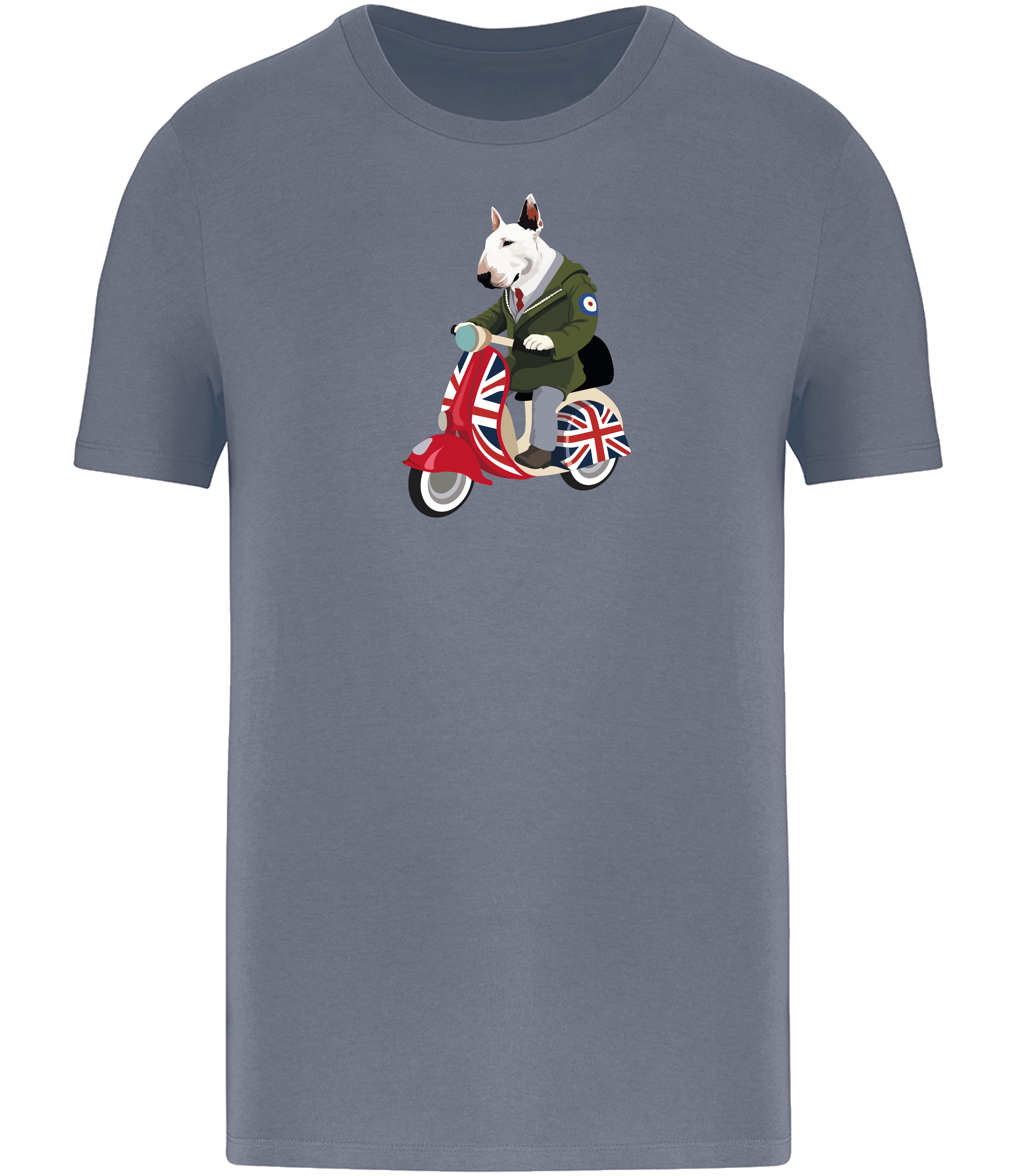 Mineral Grey T-shirt printed with and English Bull Terrier Dog wearing a parka coat riding a scooter painted in Union Jack colours