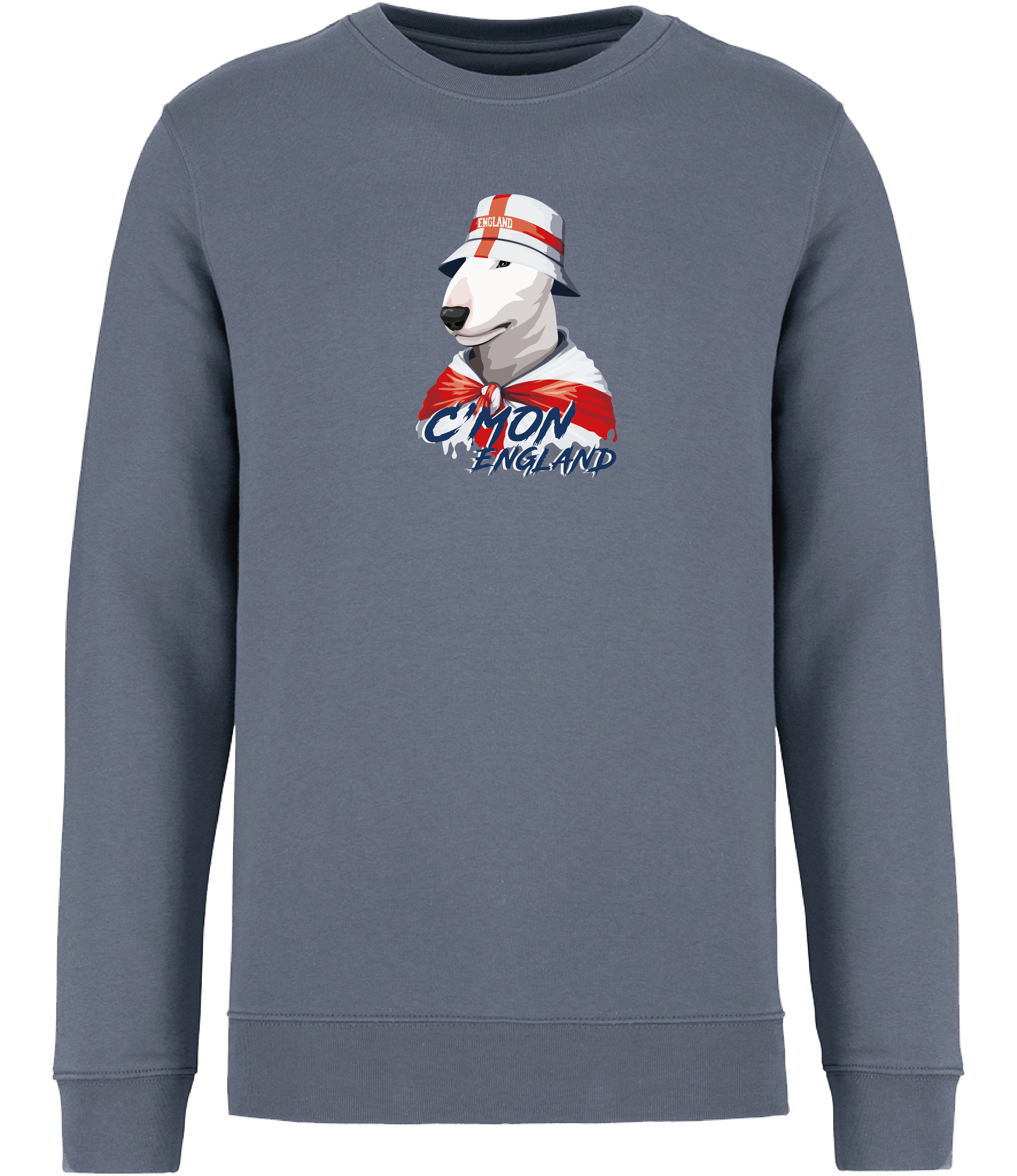Ronnies Casuals Mineral Grey Sweatshirt printed with English Bull Terrier Dog wearing a St Georges flag hat and scarf.  The words C'mon England printed underneath