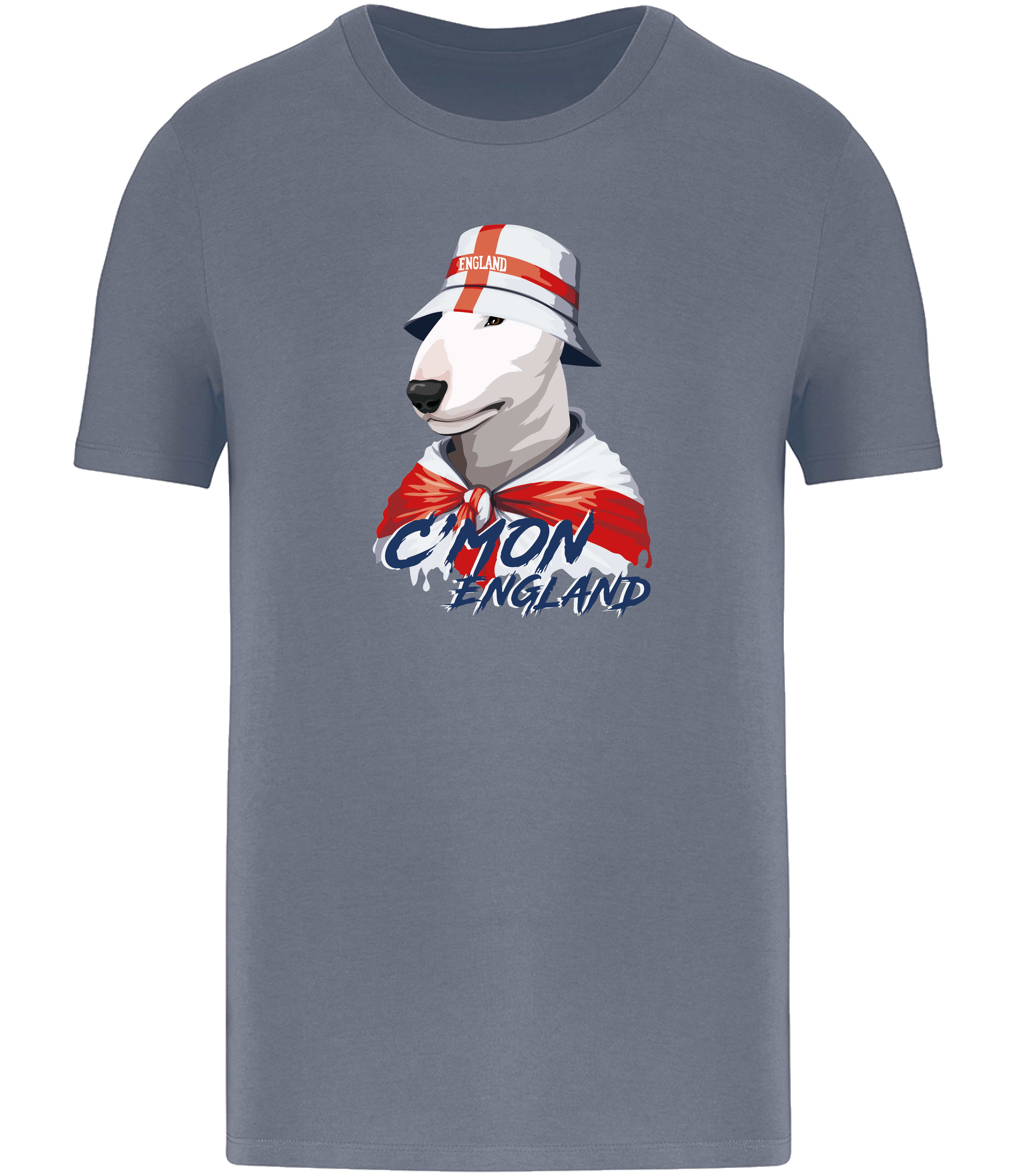 Mineral Grey T-shirt printed by Ronnies Casuals with English Bull Terrier Dog wearing a St Georges flag hat and scarf.  The words C'mon England printed underneath