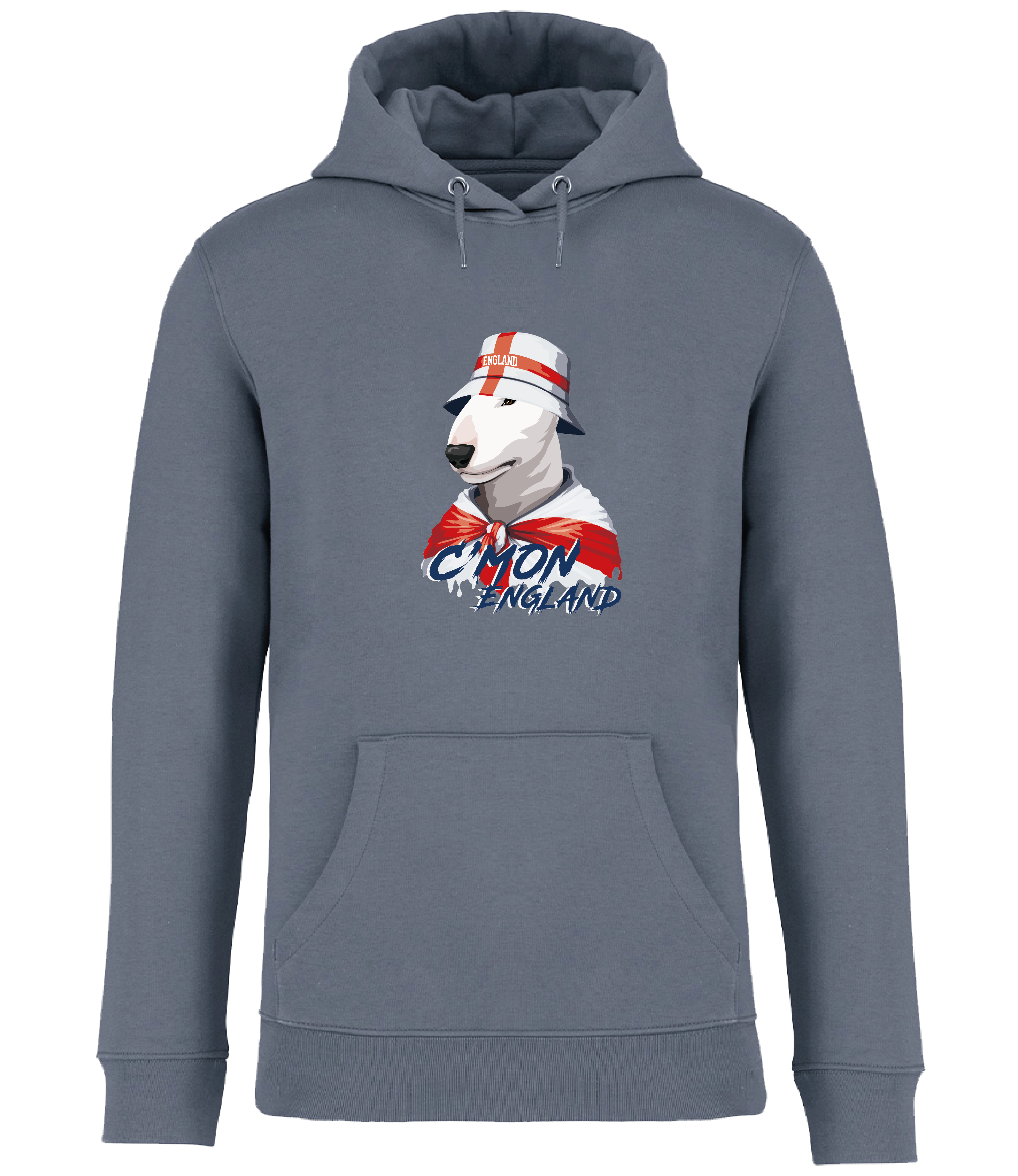 Dog hoodies for humans by Ronnies Casuals: Mineral Grey Hoodie printed with English Bull Terrier Dog wearing a St Georges flag hat and scarf.  The words C'mon England printed underneath