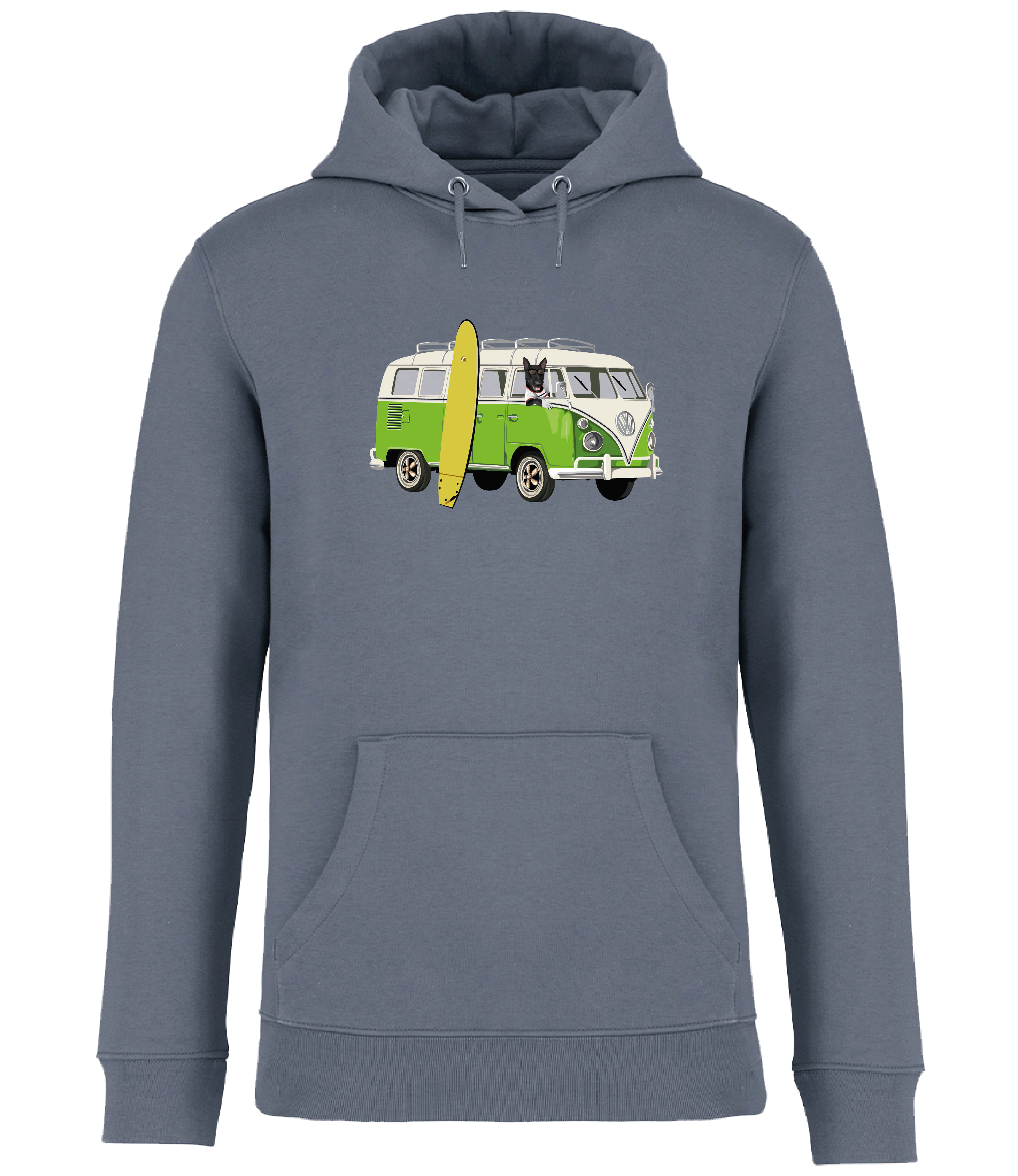 Mineral Grey Hoodie printed with and English Bull Terrier Dog in a camper van with a surf board