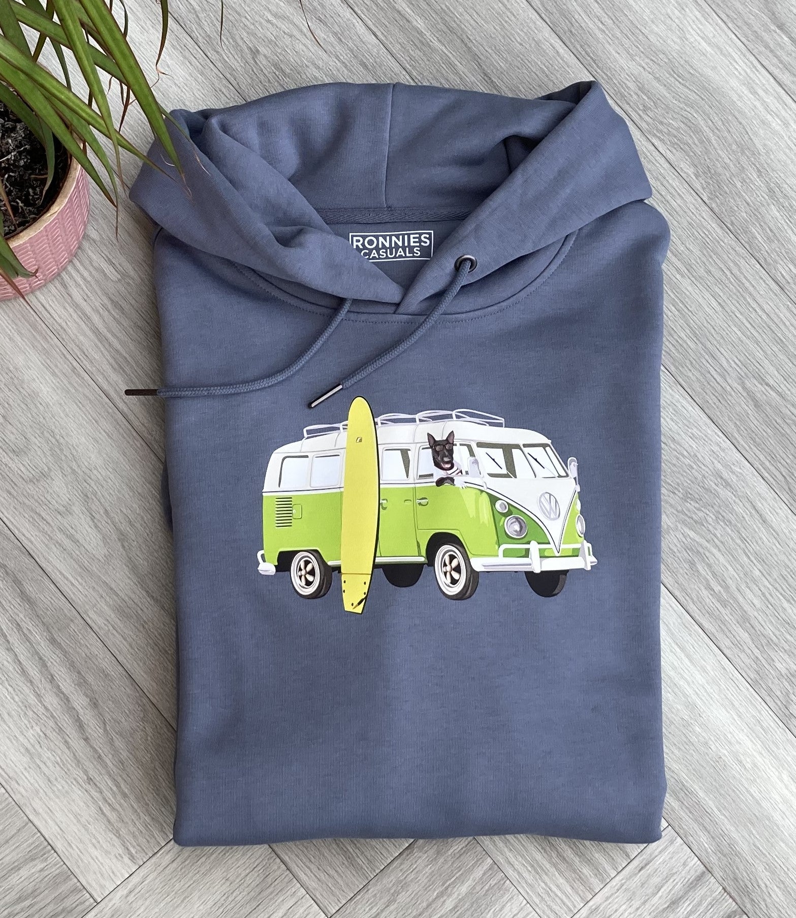 Mineral Grey Hoodie printed with and English Bull Terrier Dog in a camper van with a surf board