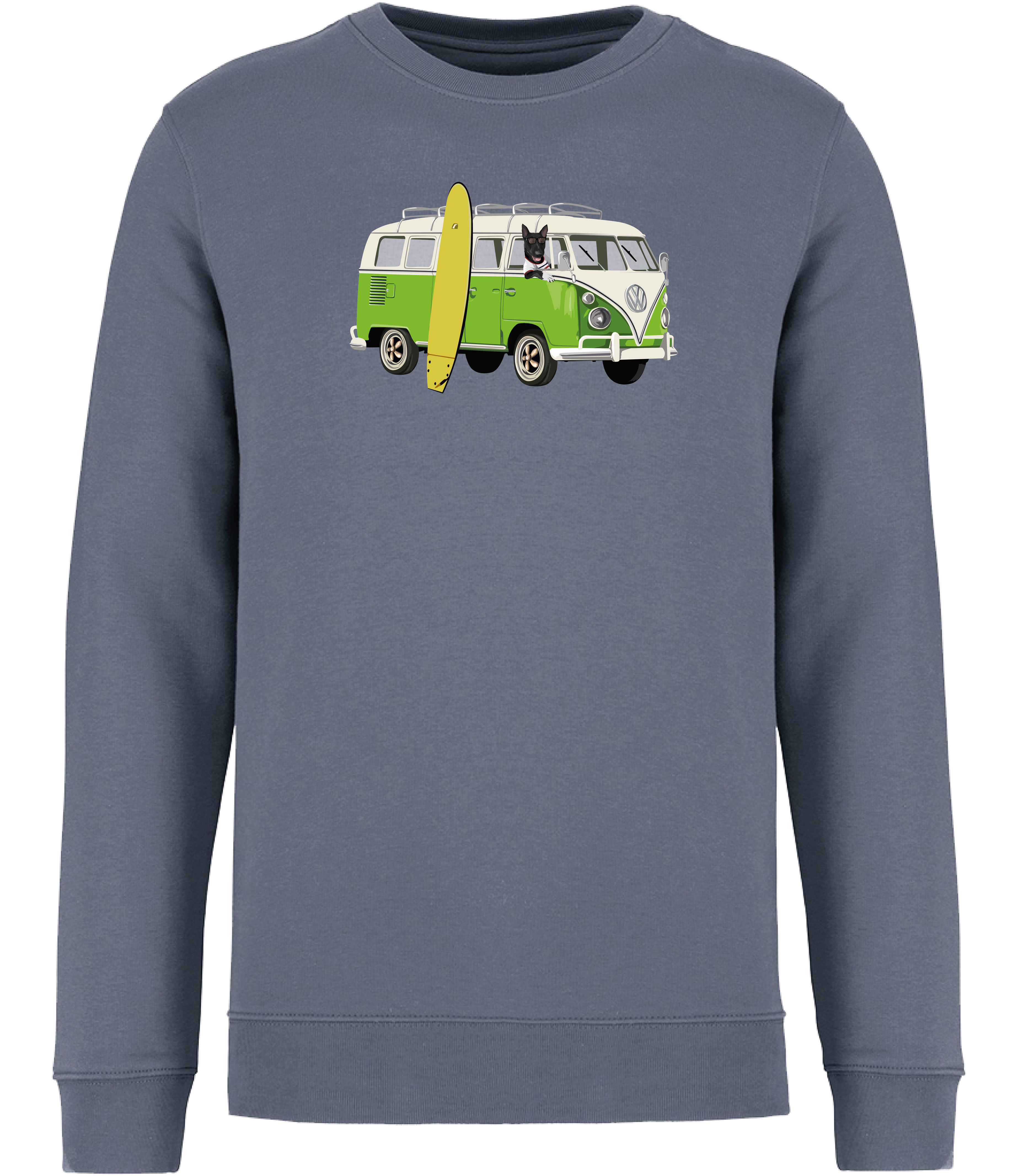 Mineral Grey Sweatshirt printed with and English Bull Terrier Dog in a camper van with a surf board