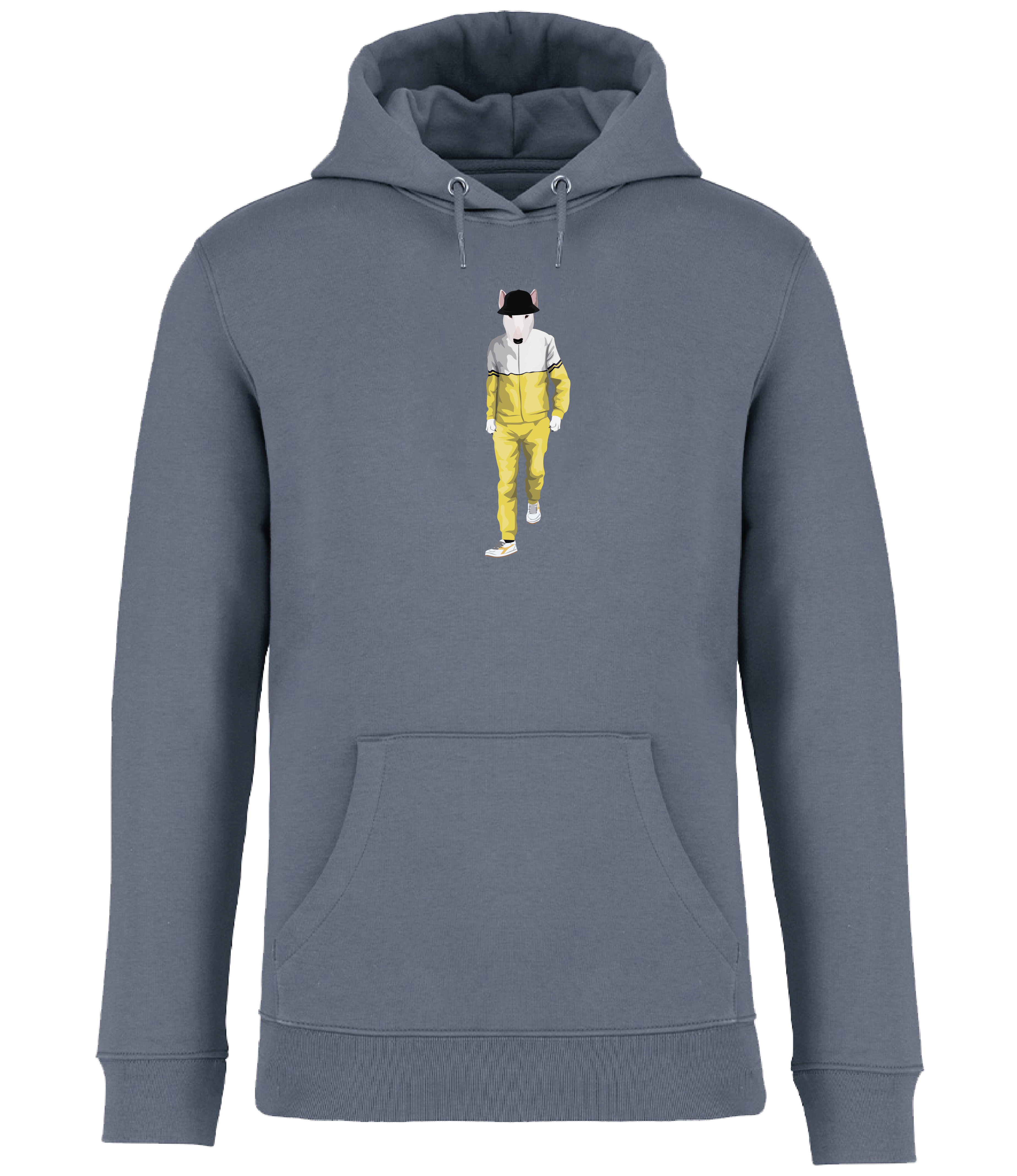 Mineral Grey Hoodie printed with an English Bull terrier Dog wearing a yellow and white tracksuit, trainers and a black bucket hat