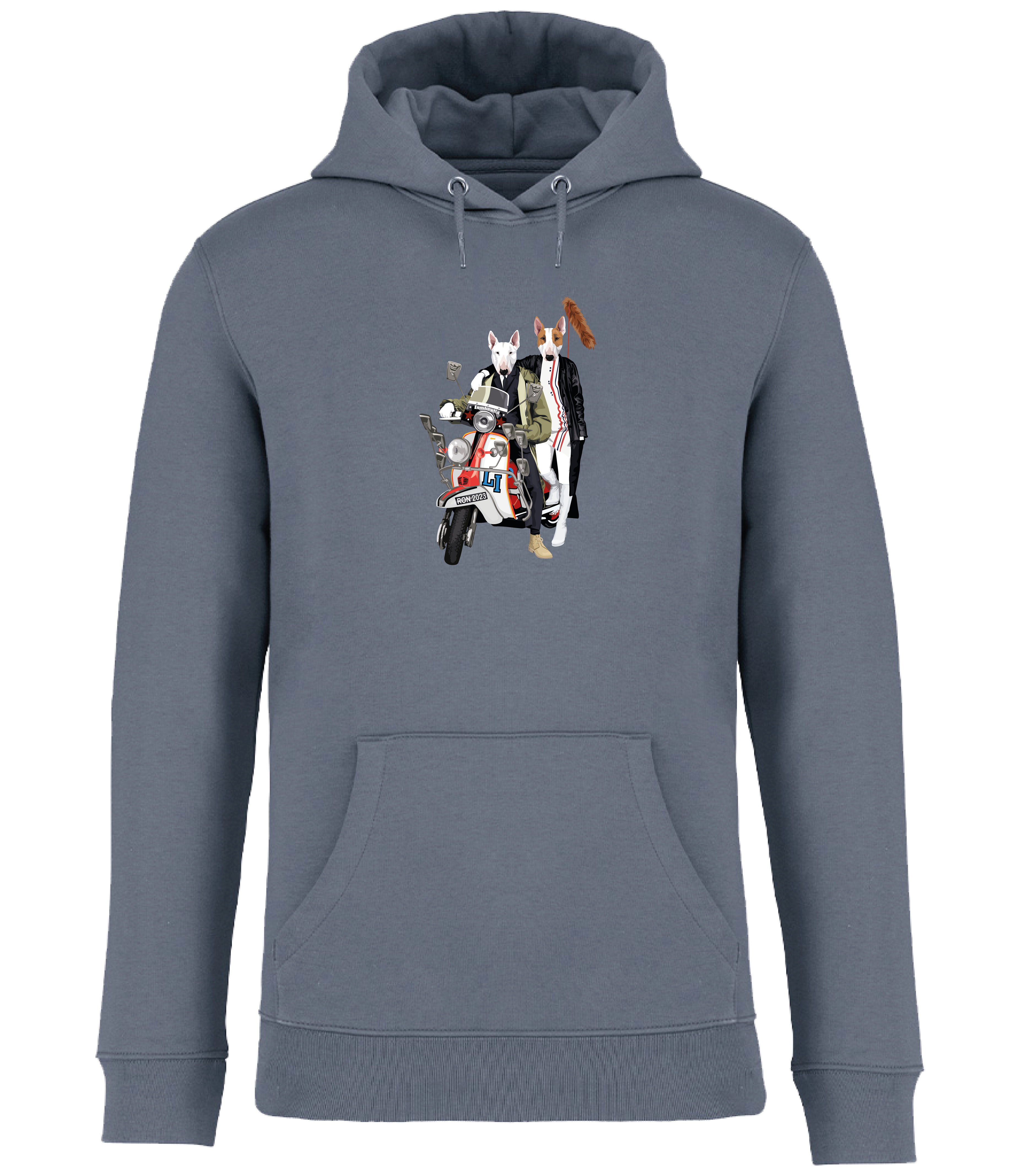 Mineral Grey Hoodie printed with 2 English bull terrier dogs wearing trendy clothes riding a red and white scooter with fox tail on the back