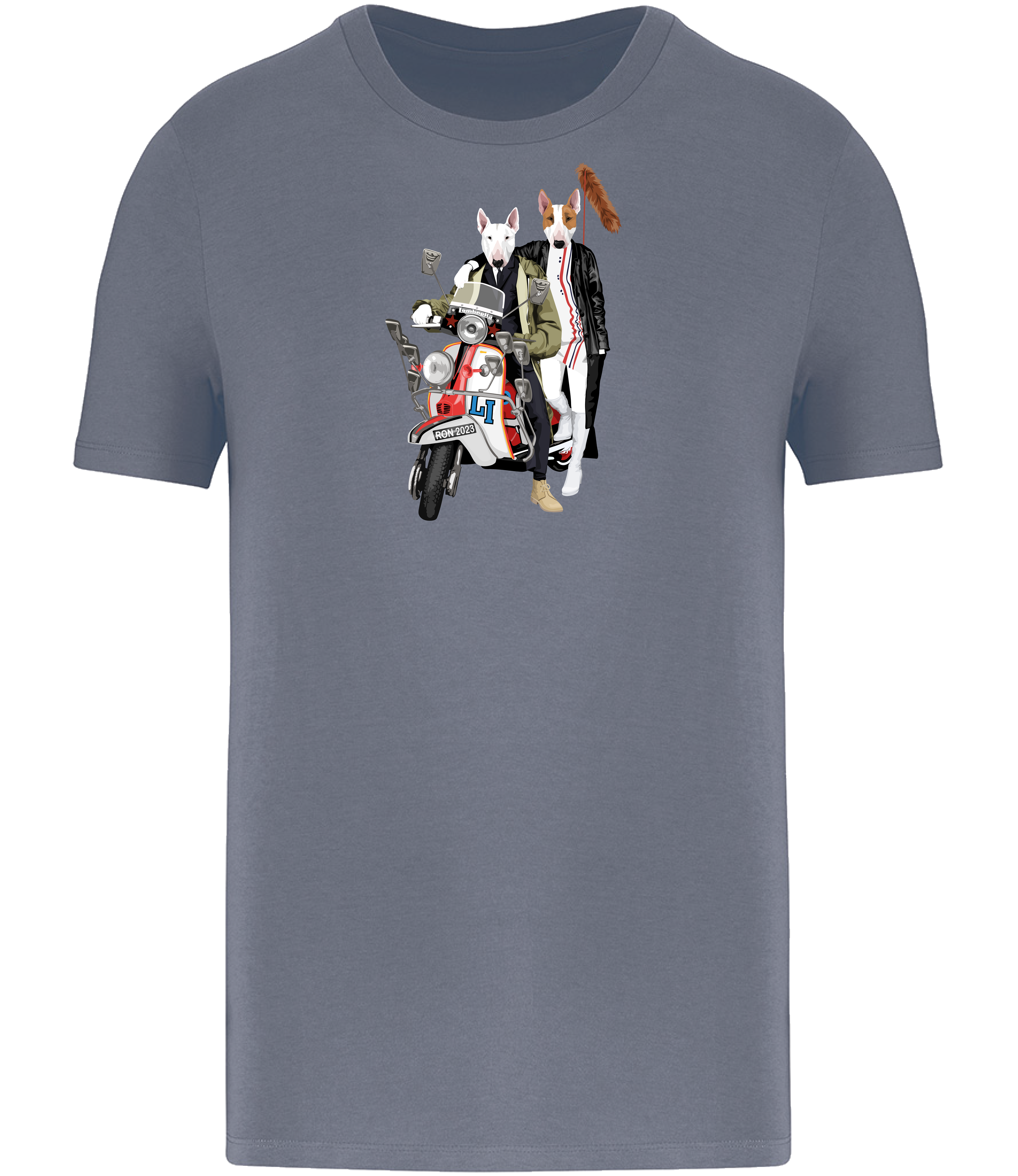 Mineral Grey T-shirt printed with a Boy and Girl English Bull Terrier Dogs Sitting on a classic Scooter with a foxtail on the back