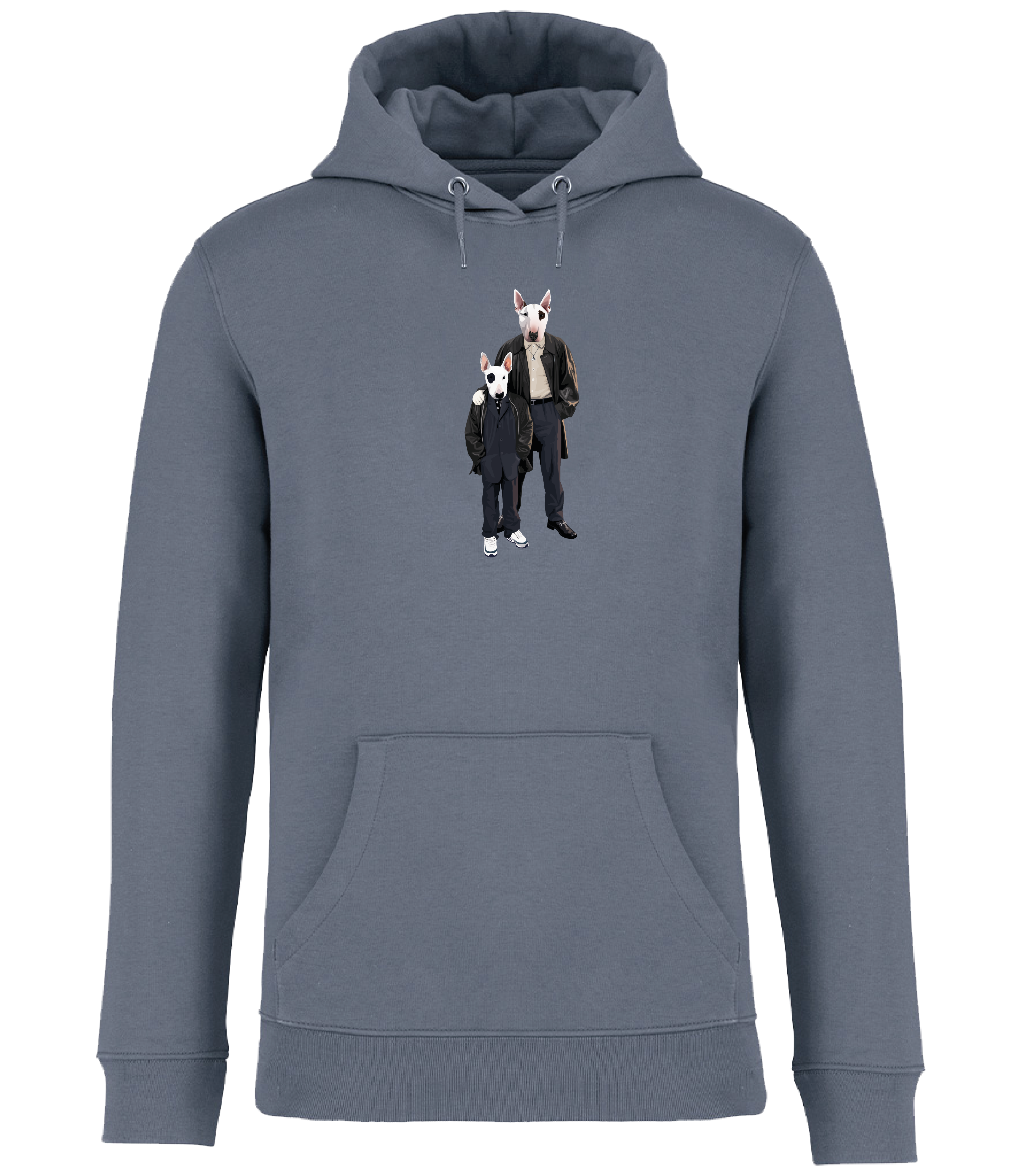 Mineral Grey Hoodie printed with an adult and boy English Bull Terrier Dogs wearing suits and leather jackets