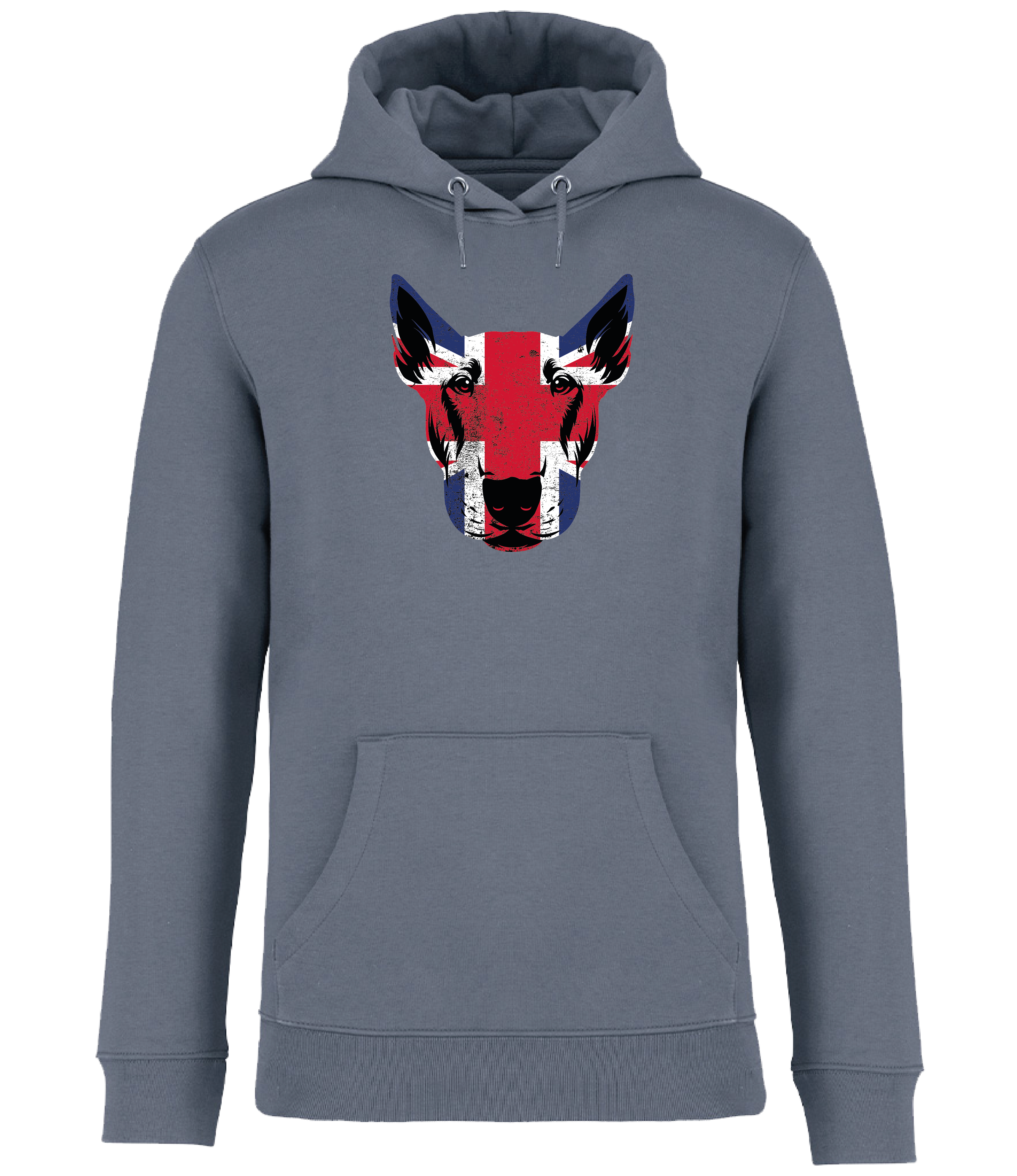 Ronnies Casuals Mineral Grey Hoodie printed with an English Bull Terrier Face covered in Union Jack Colours