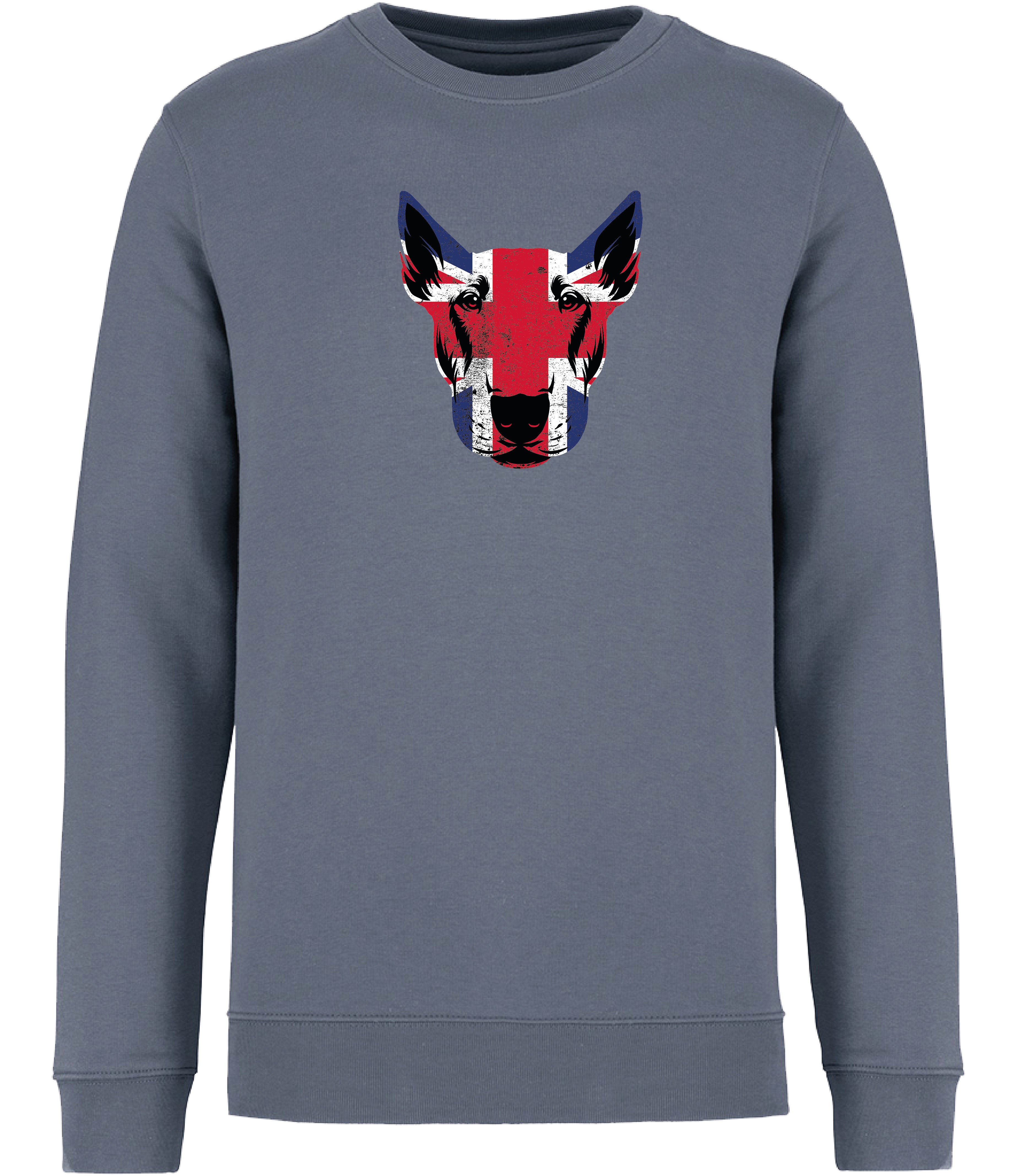 Ronnies Casuals Mineral Grey Sweatshirt printed with an English Bull Terrier Face covered in Union Jack Colours