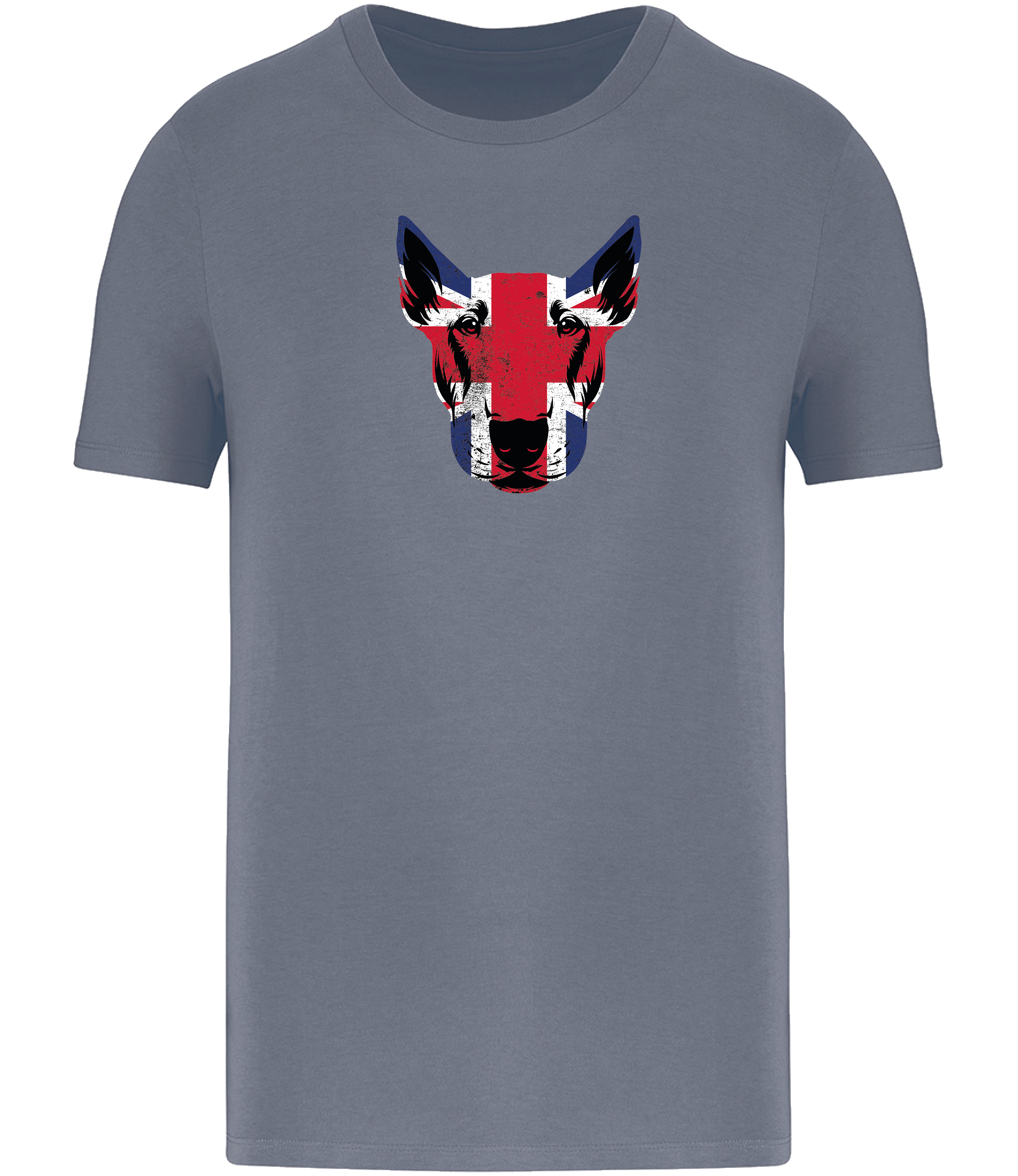 Mineral Grey T-shirt printed with and English Bull Terrier Face covered in Union Jack Colours