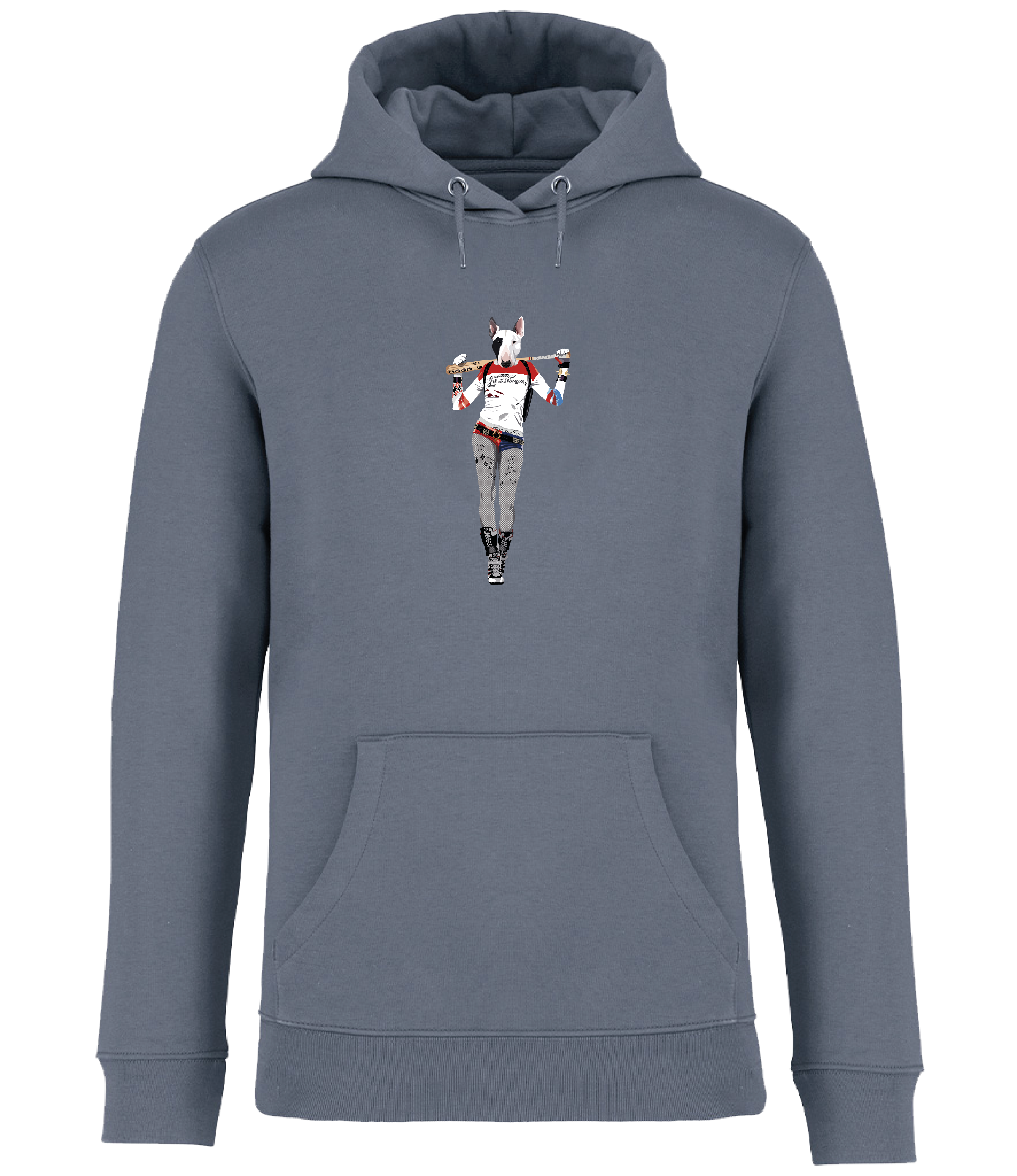 Mineral Grey Hoodie printed with and English Bull Terrier Dog dressed as the Harley Quinn character