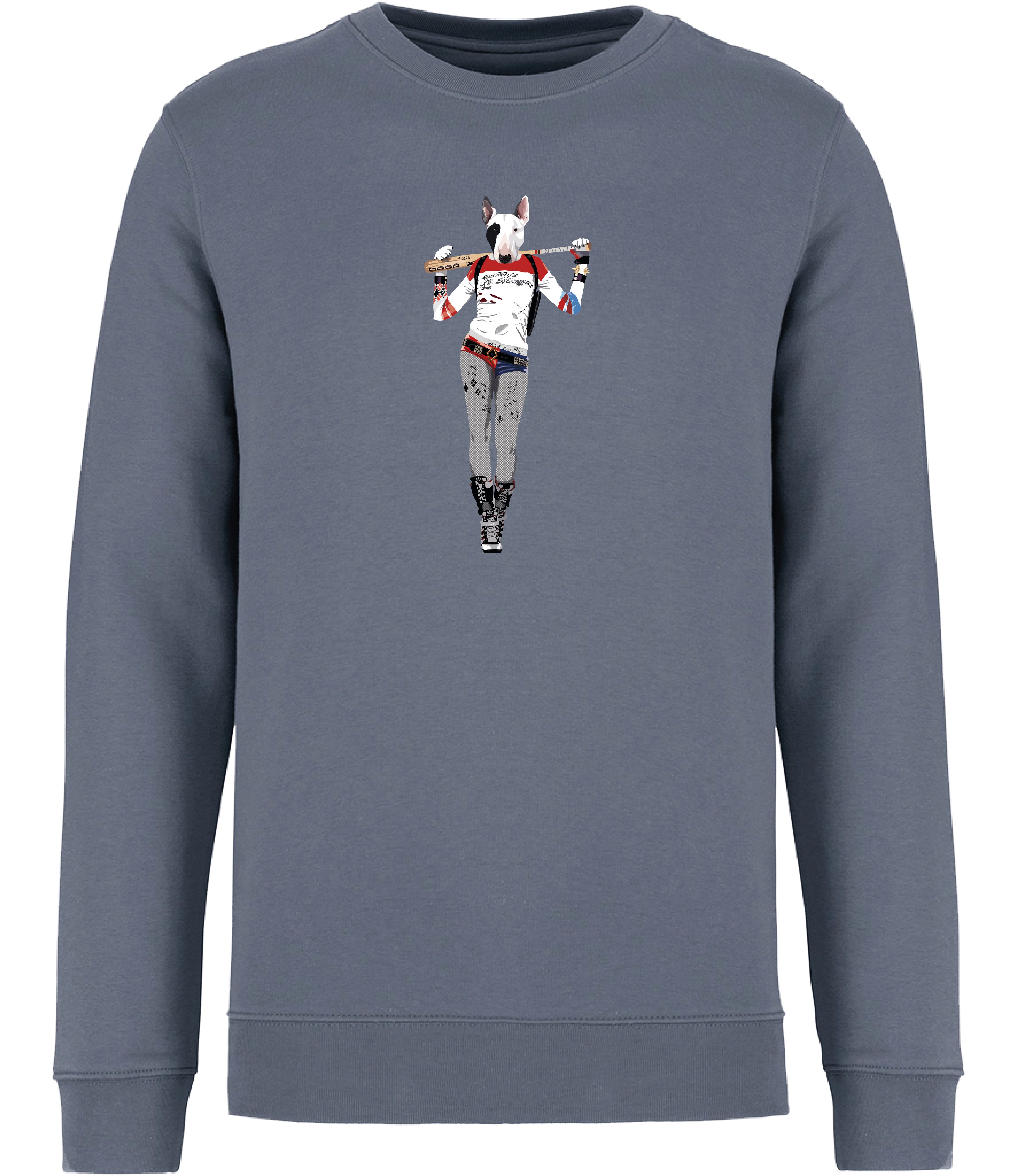 Mineral Grey Sweatshirt printed with and English Bull Terrier Dog dressed as the Harley Quinn character