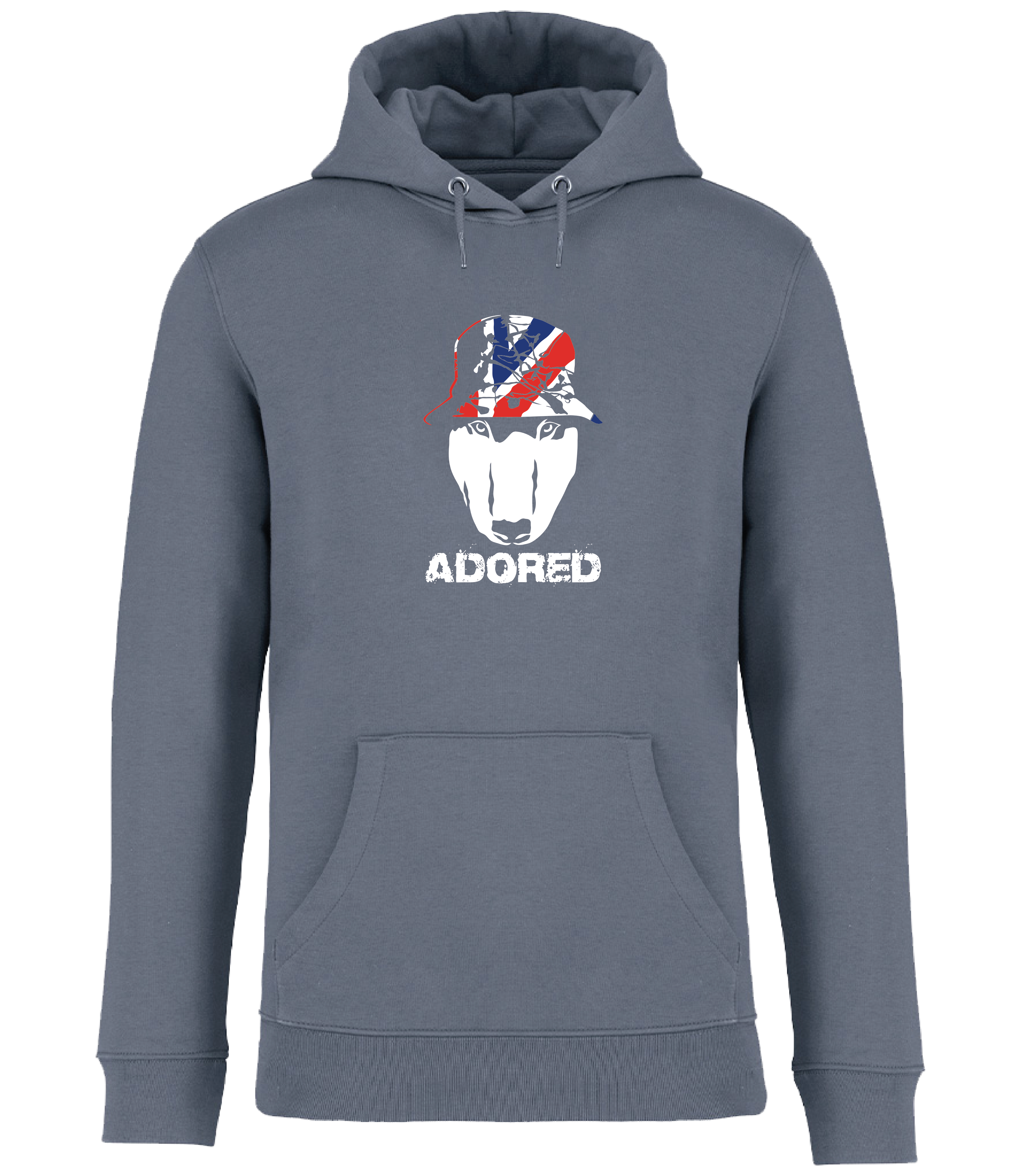 Mineral Grey Hoodie printed by Ronnies Casuals with English Bull Terrier head wearing a union jack bucket hat and the words adored underneath