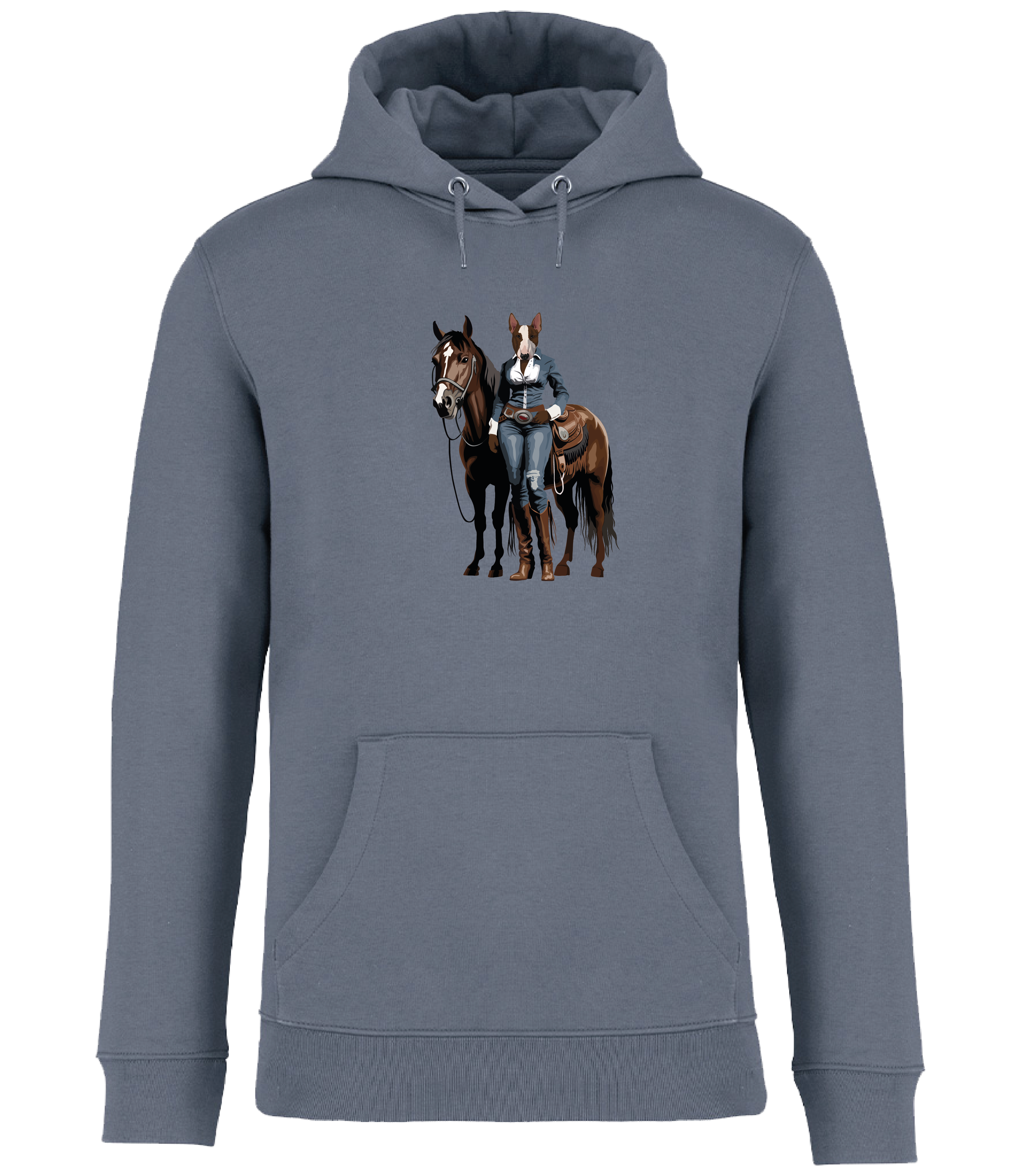 Mineral Grey Hoodie printed with and English Bull Terrier Dog dressed in denim western clothing with a horse in western style