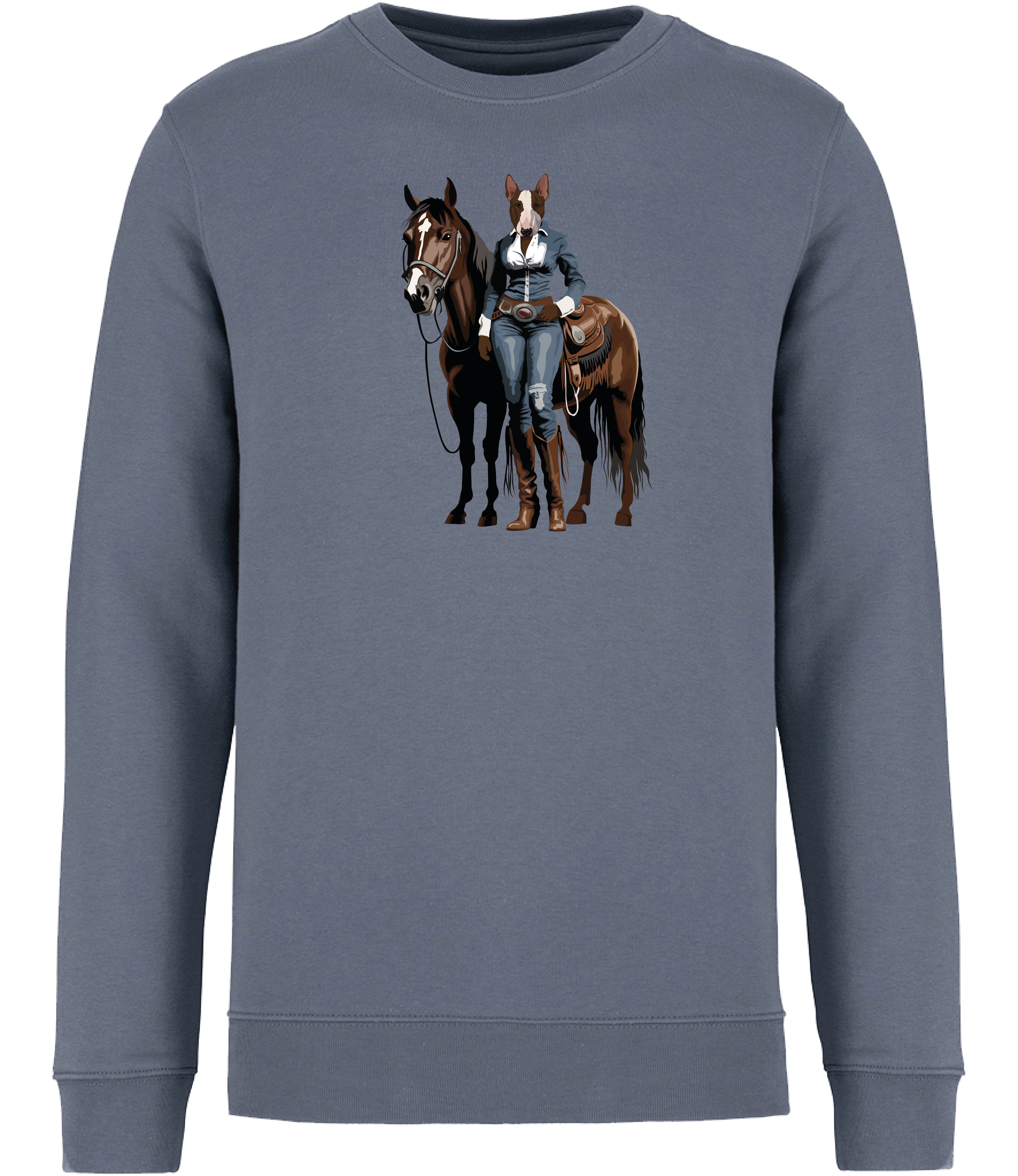 Mineral Grey T-shirt printed with and English Bull Terrier Dog dressed in denim western clothing with a horse in western style