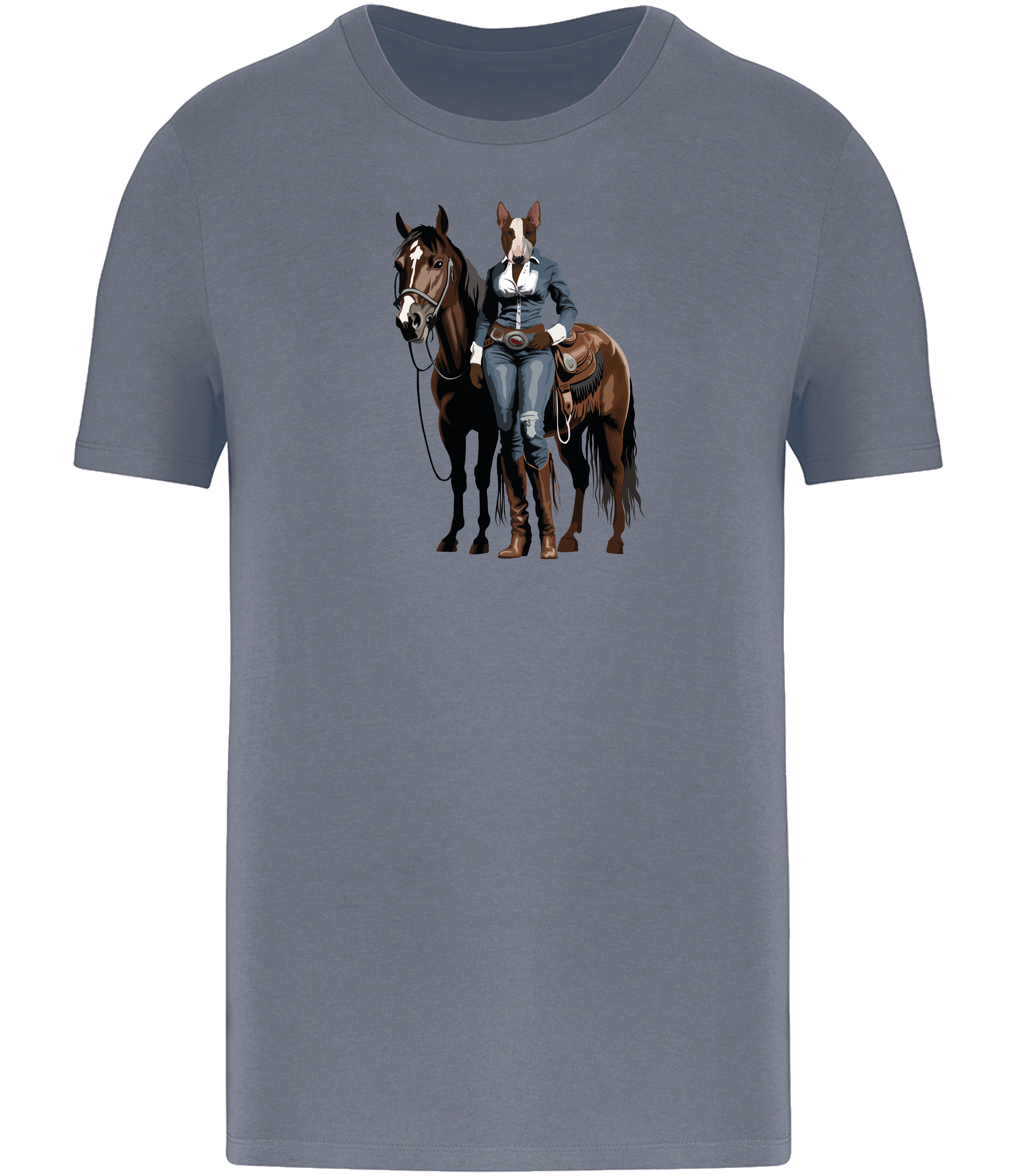 Mineral Grey T-shirt printed with and English Bull Terrier Dog dressed in denim western clothing with a horse in western style