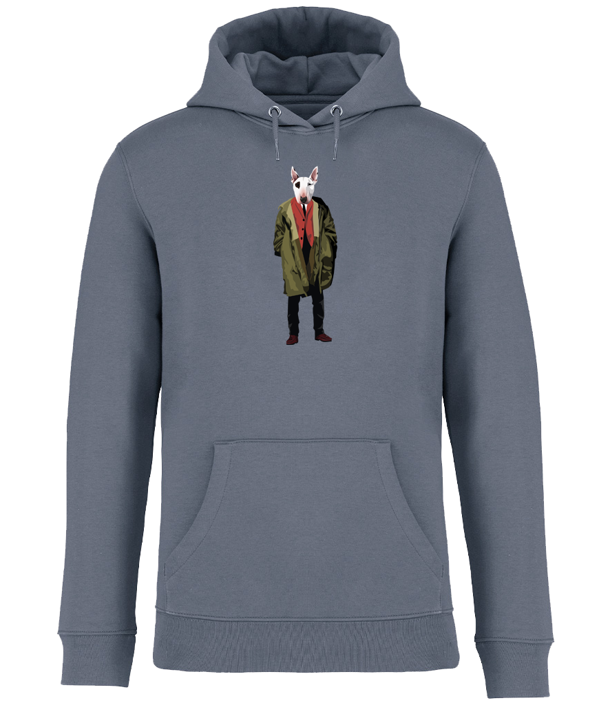 Mineral Grey Hoodie printed with English Bull Terrier Dog wearing a green Parka Jacket and red waistcoat
