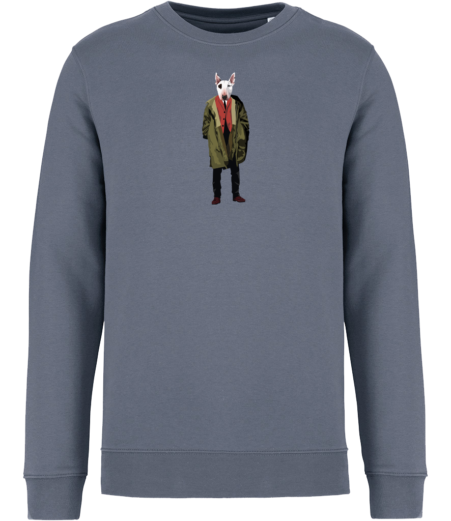 Mineral Grey Sweatshirt printed with English Bull Terrier Dog wearing a green Parka Jacket and red waistcoat