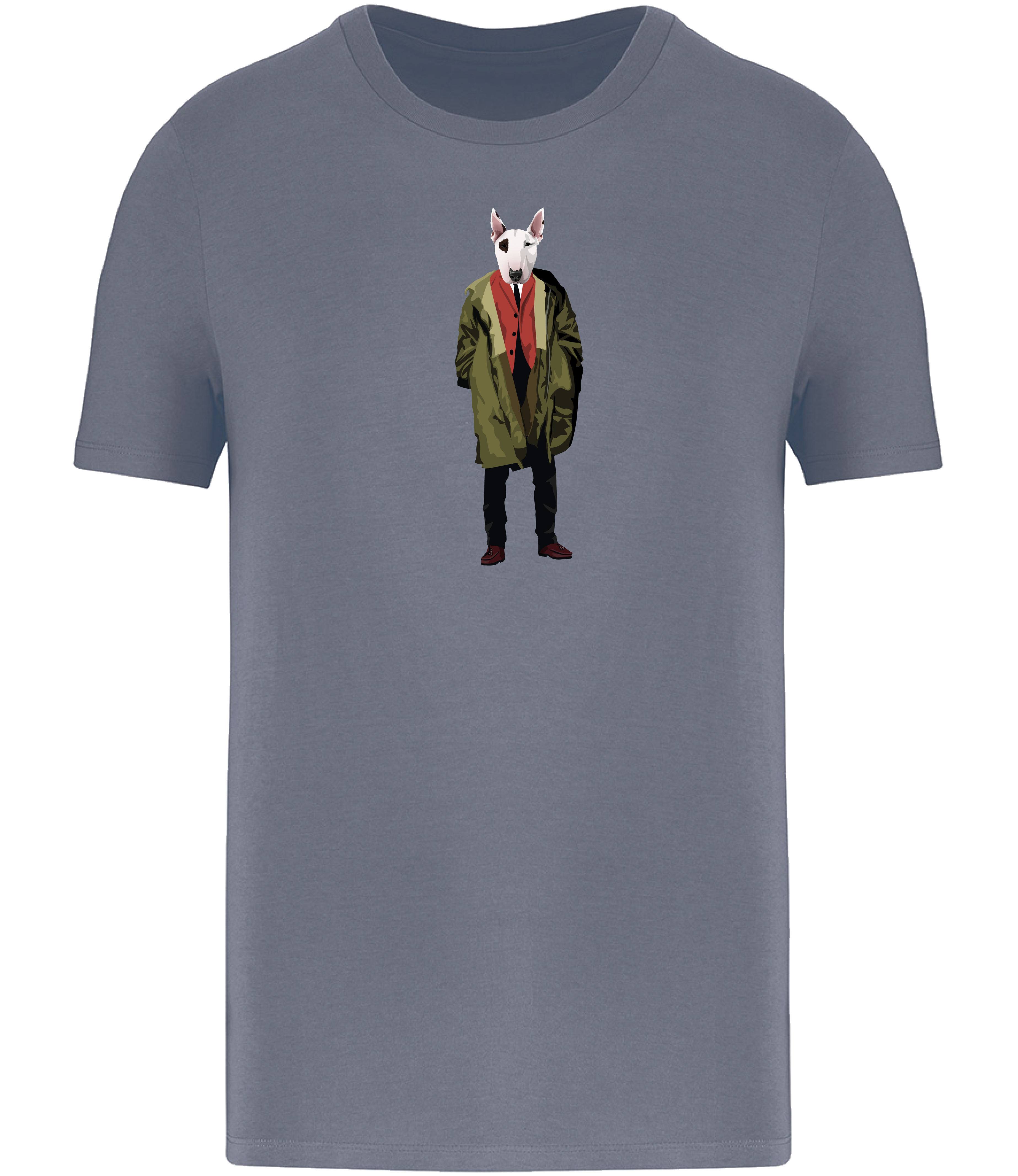 Mineral Grey T-shirt printed with English Bull Terrier Dog wearing a green Parka Jacket and red waistcoat