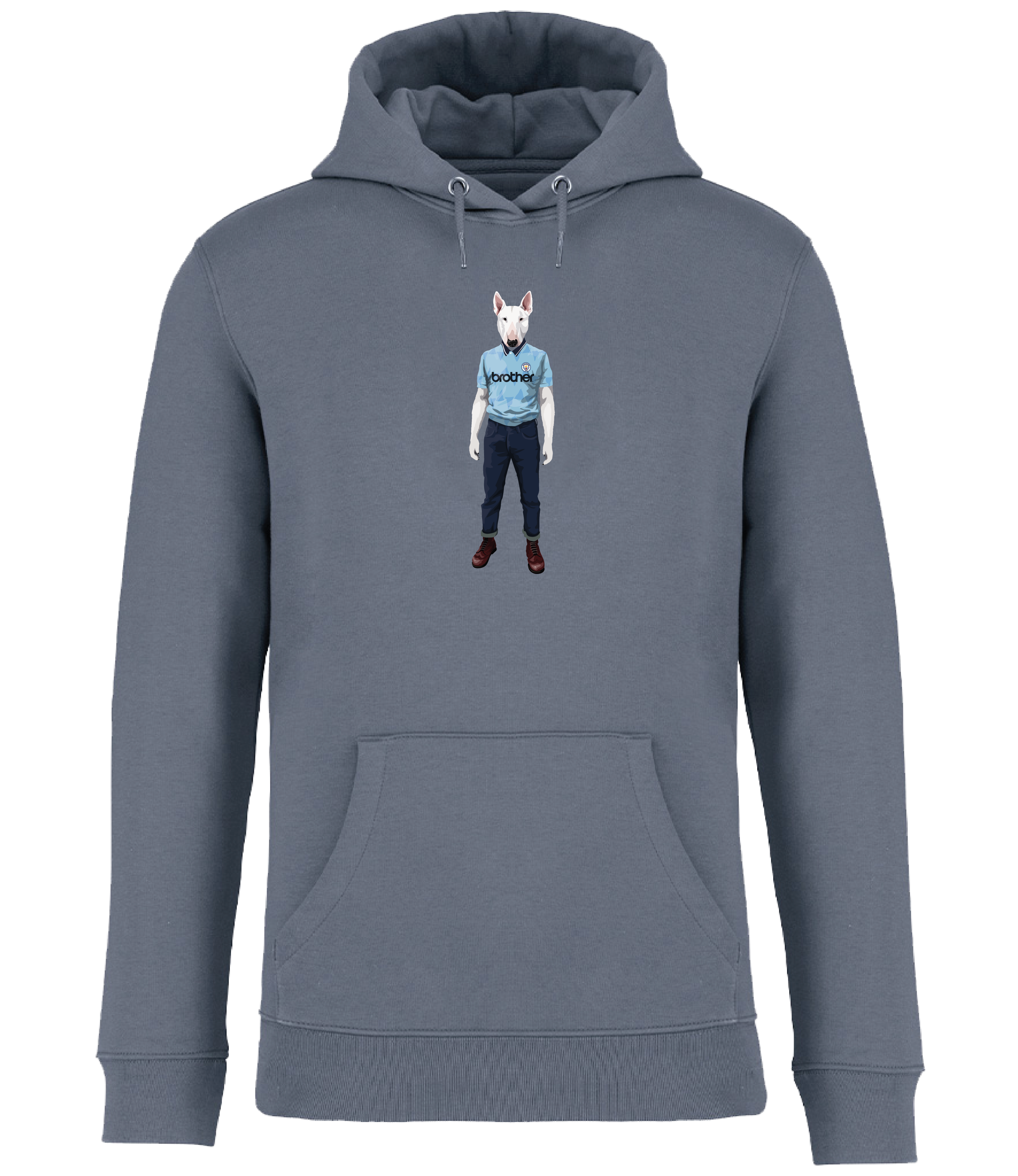 Mineral Grey Hoodie printed with an English Bull Terrier Dog wearing a Manchester City Football Shirt and Jeans