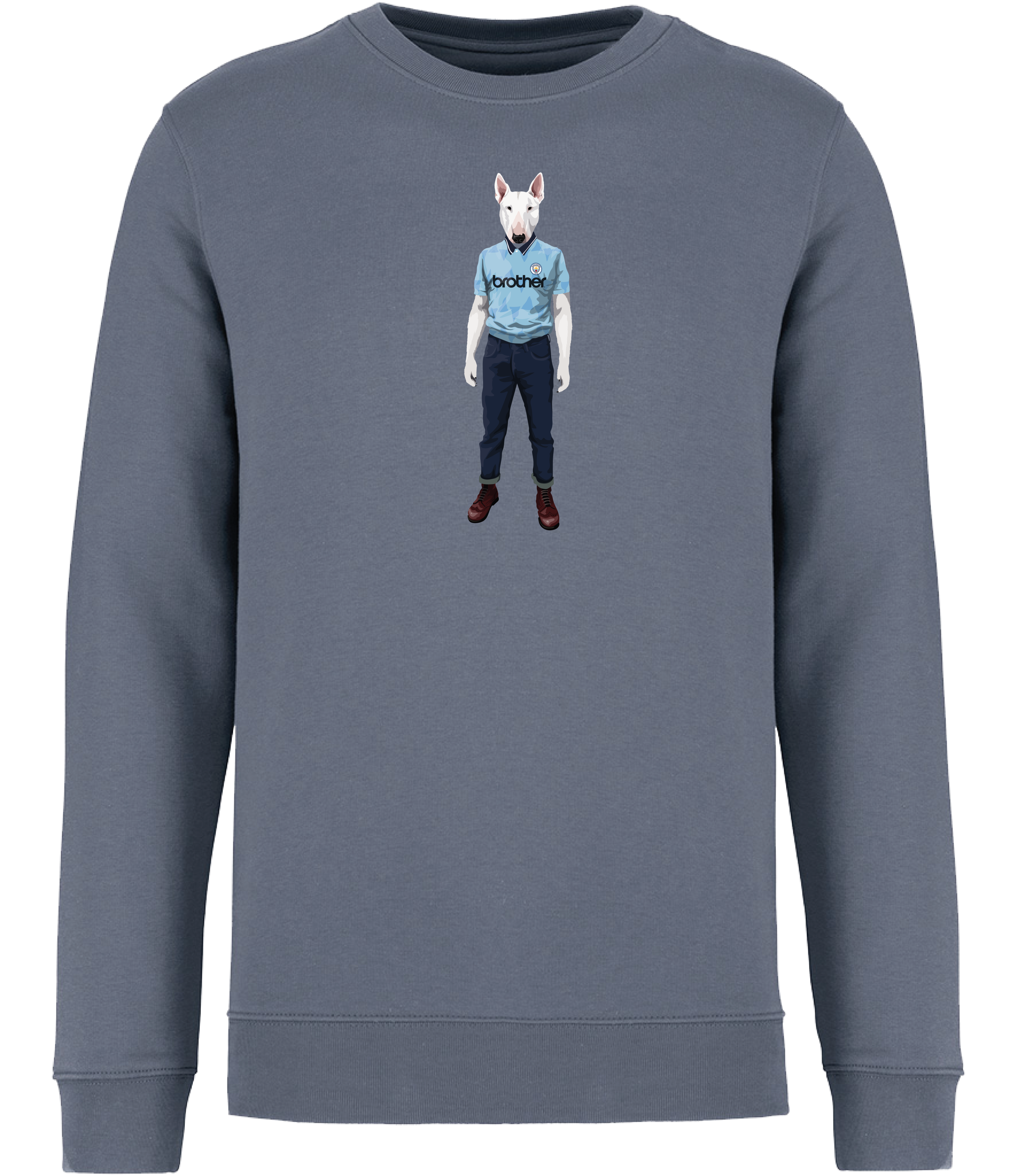 Mineral Grey Sweatshirt printed with an English Bull Terrier Dog wearing a Manchester City Football Shirt and Jeans