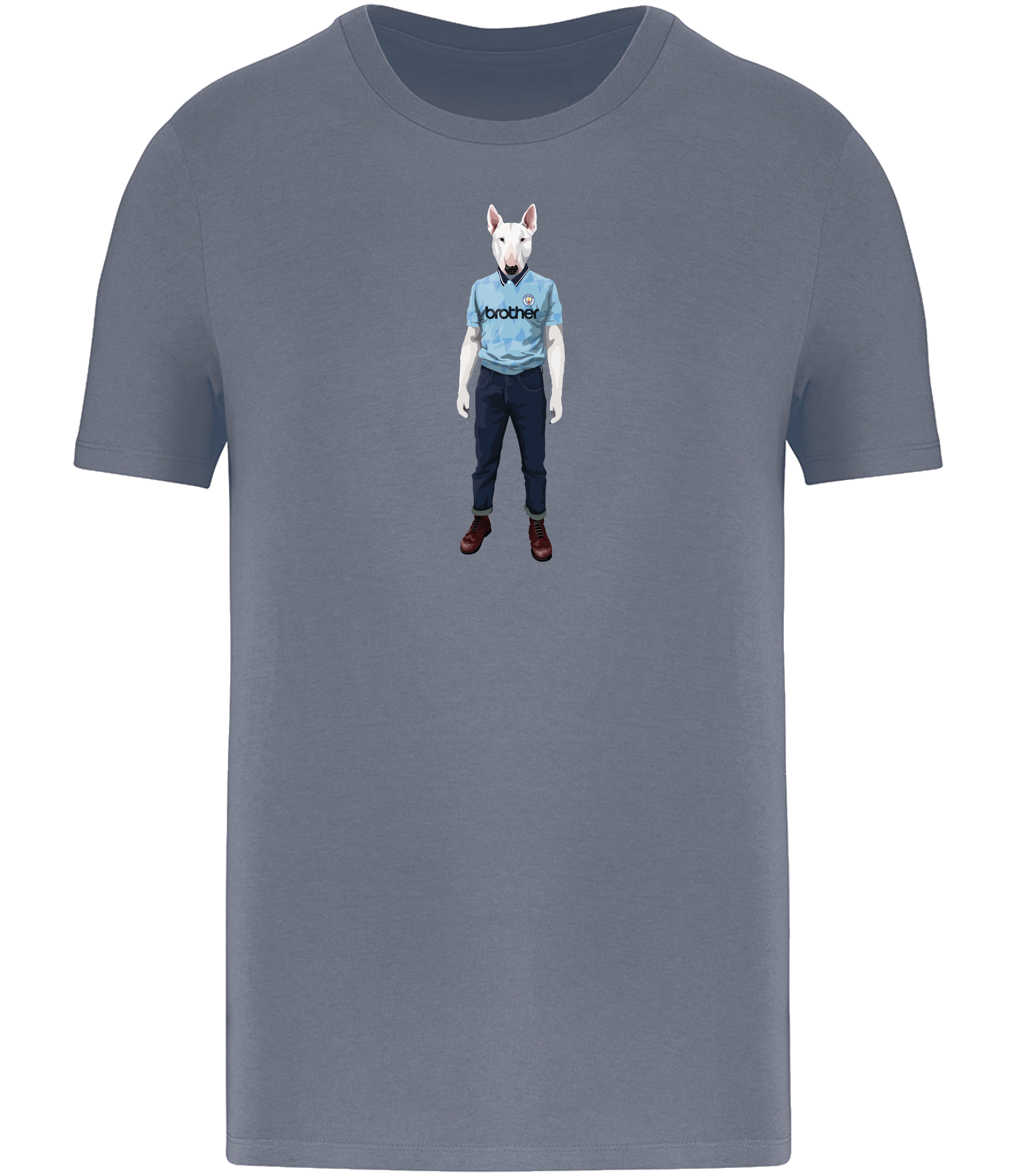 Mineral Grey T-shirt printed with an English Bull Terrier Dog wearing a Manchester City Football Shirt and Jeans