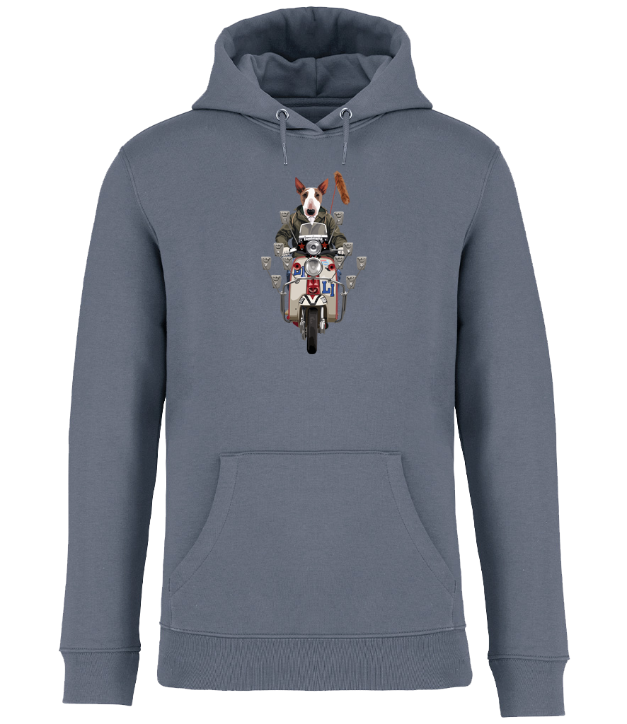 Ronnies Casuals Mineral Grey Hoodie printed with English Bull Terrier Dog riding a Mod Scooter with lots of mirrors and a fox tail. Available in S, M, L, XL, 2XL, 3XL.