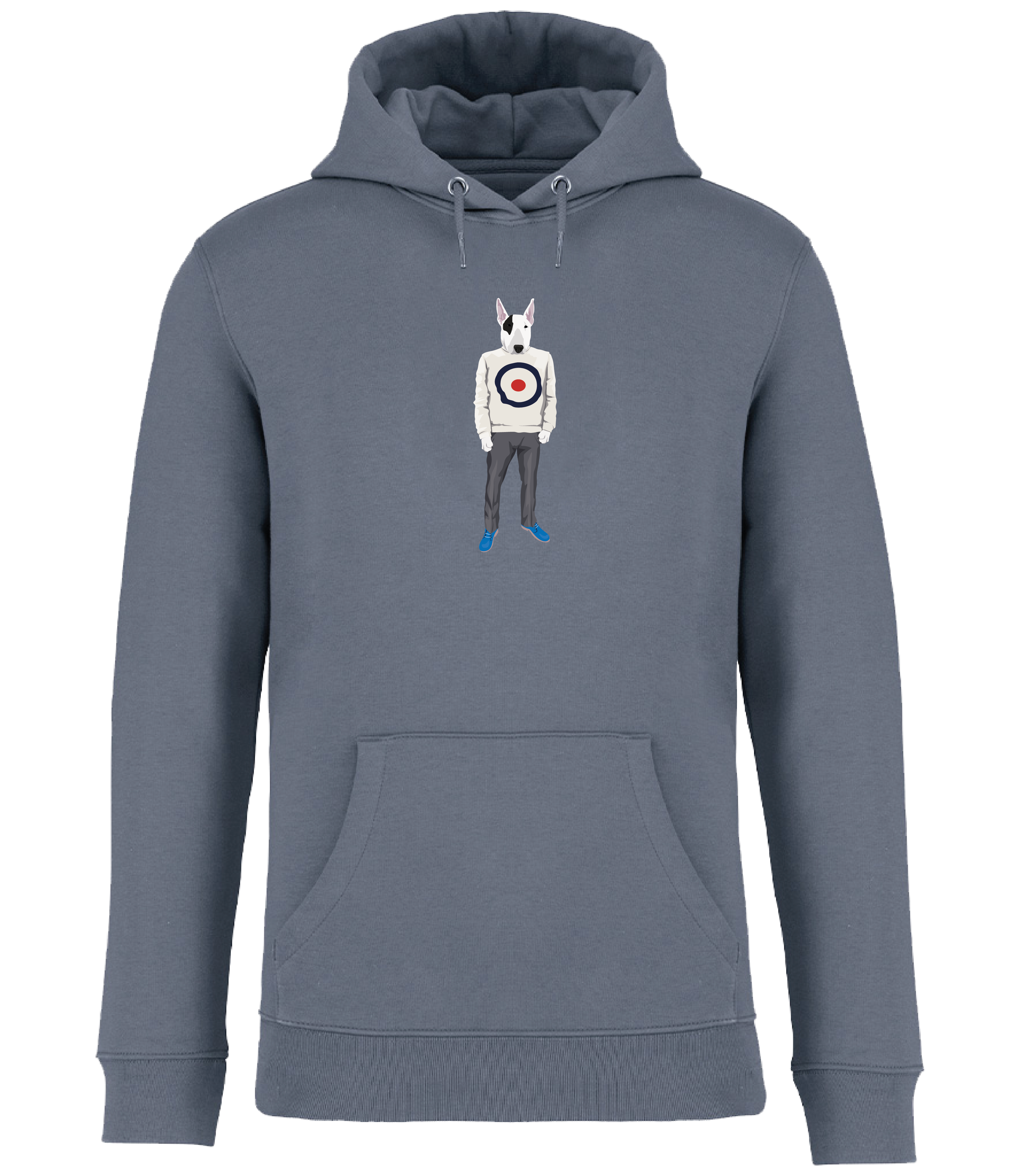 Mineral Grey Hoodie Printed with an English Bull Terrier Dog wearing a jumper with a target on it, grey trousers and blue shoes