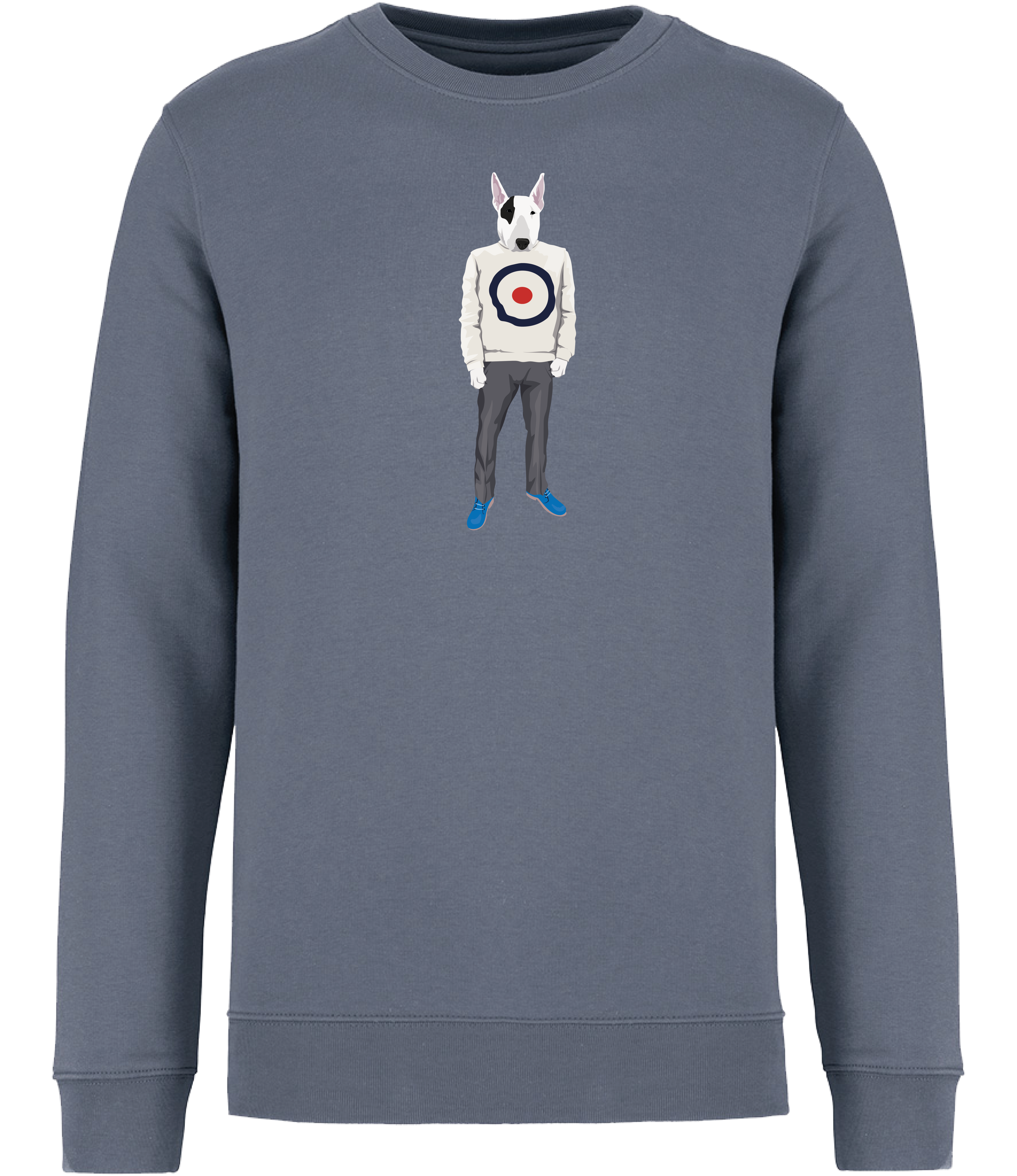 Mineral Grey Sweatshirt Printed with an English Bull Terrier Dog wearing a jumper with a target on it, grey trousers and blue shoes