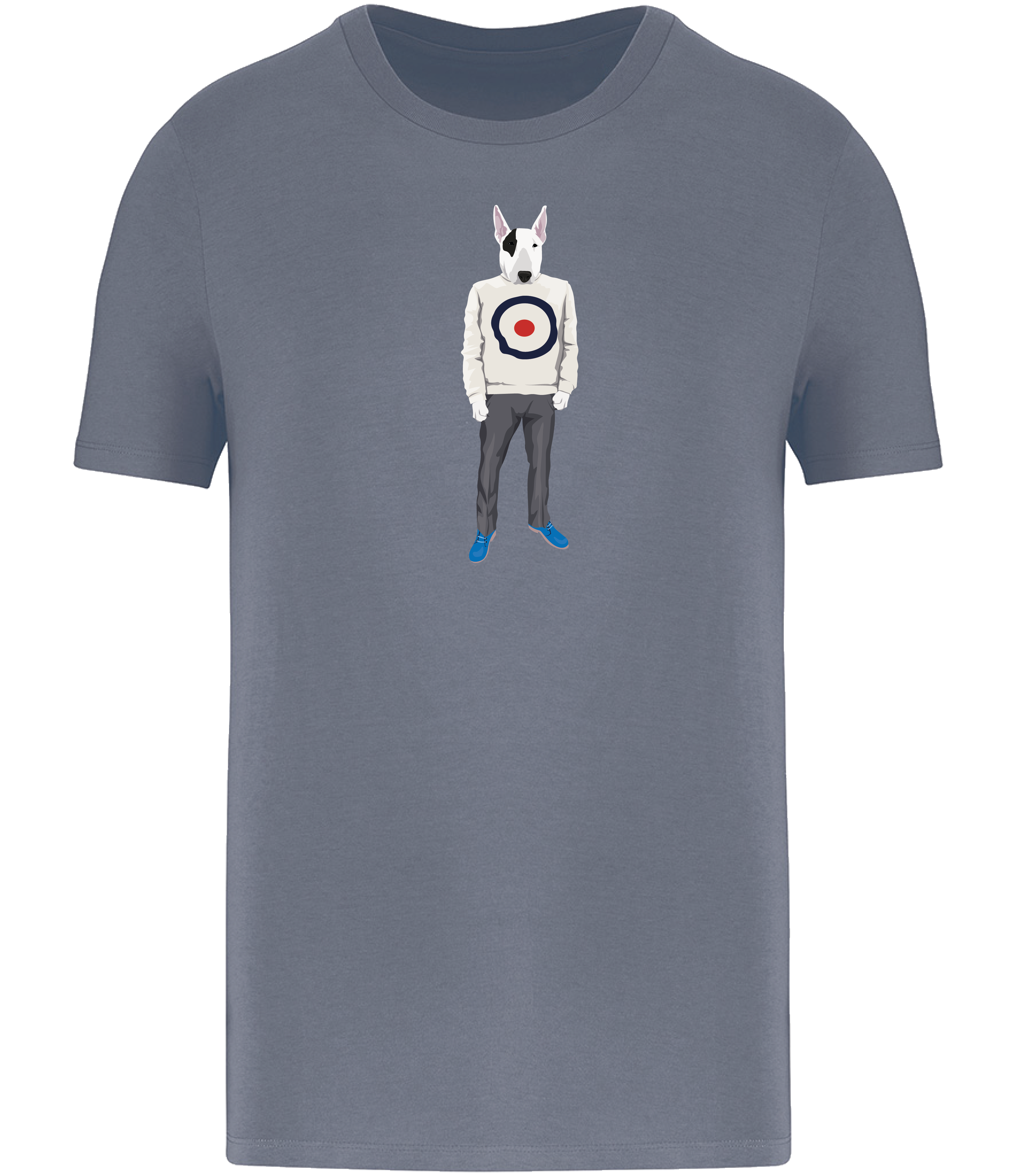 Mineral Grey T-shirt Printed with an English Bull Terrier Dog wearing a jumper with a target on it, grey trousers and blue shoes