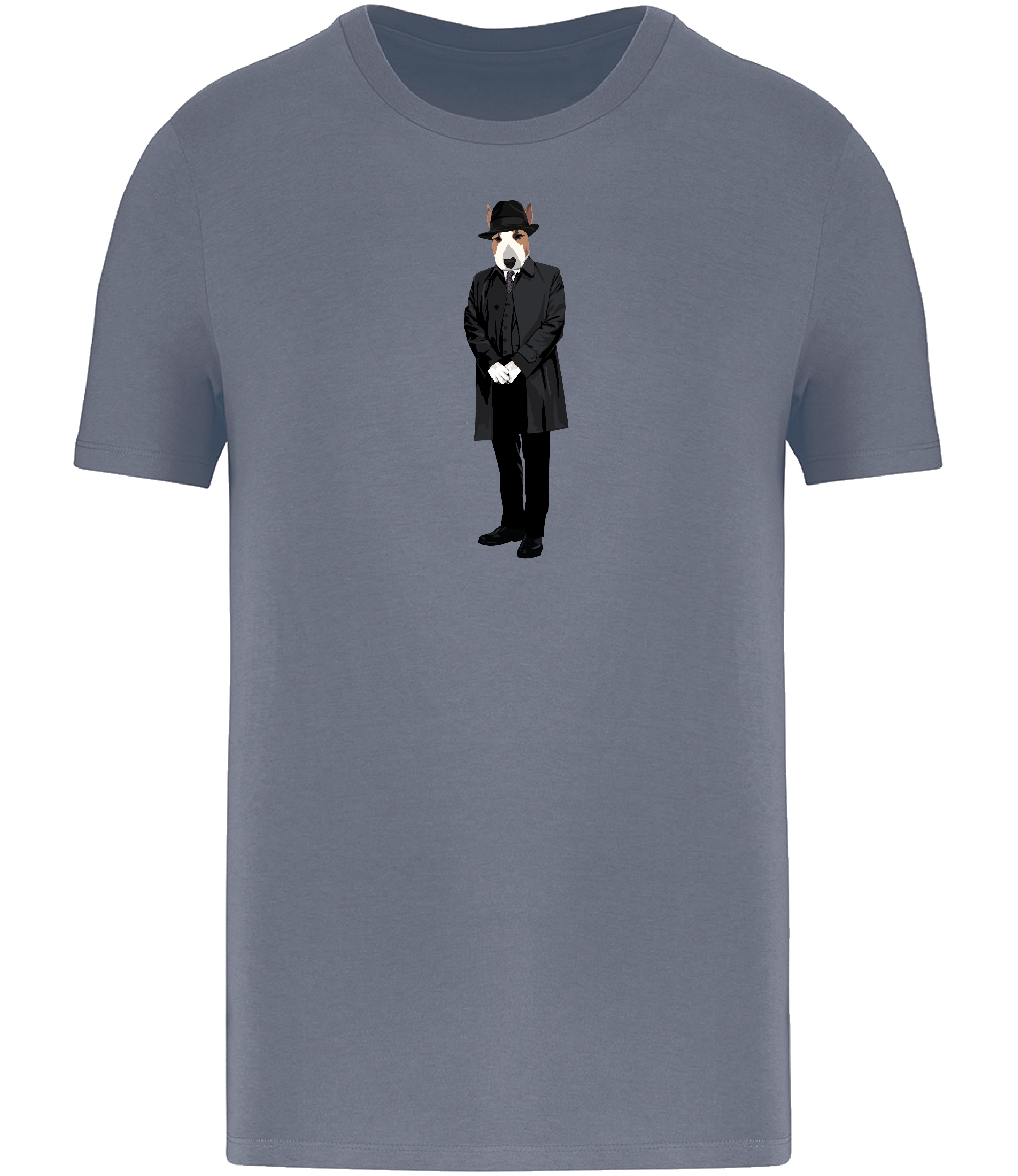 Mineral Grey T-shirt printed with an English Bull Terrier Dog dressed in a hat and long grey trench coat