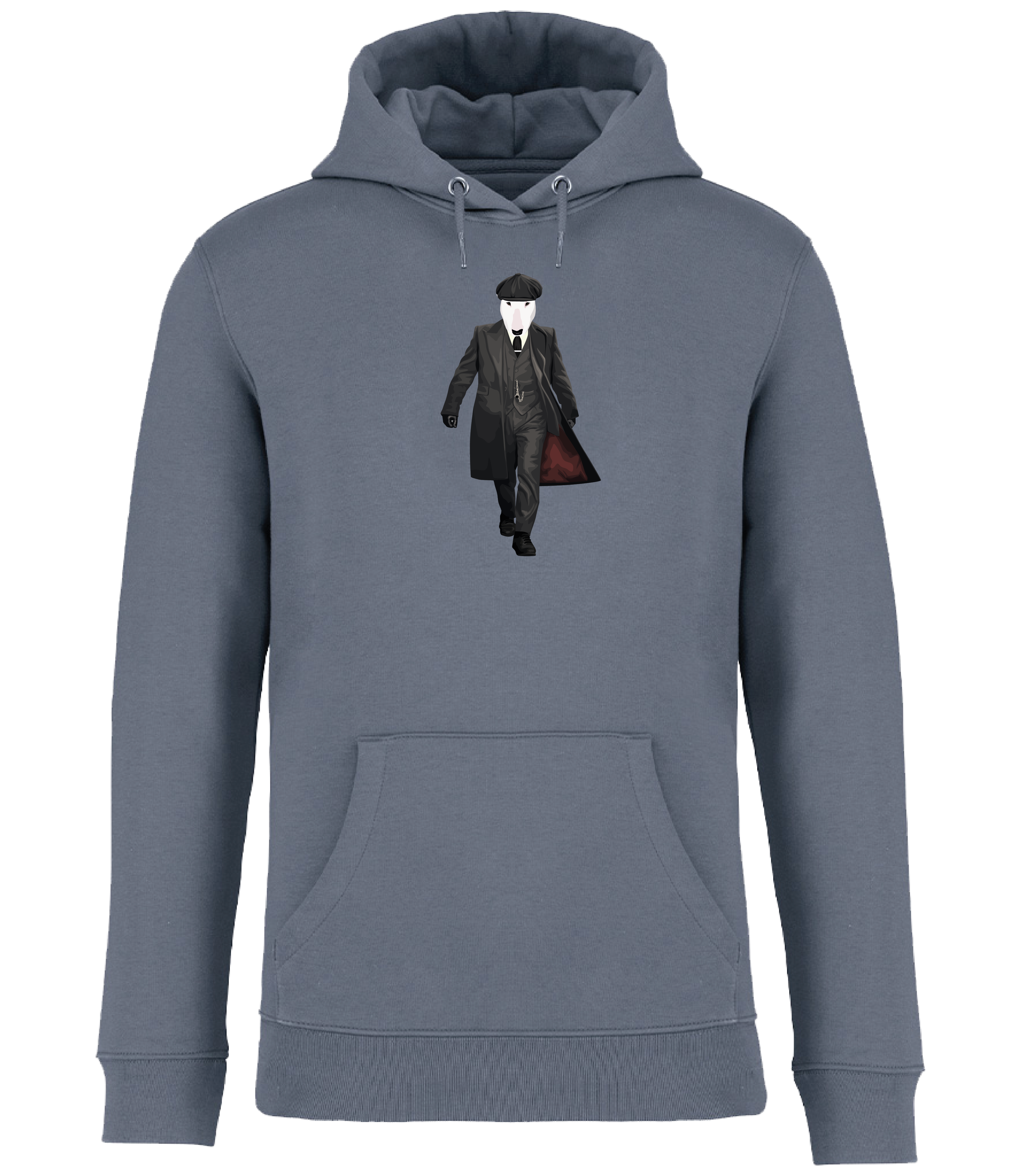 Mineral Grey Hoodie printed with an English Bull Terrier Dog dressed as the character Thomas Shelby from the TV series Peaky Blinders
