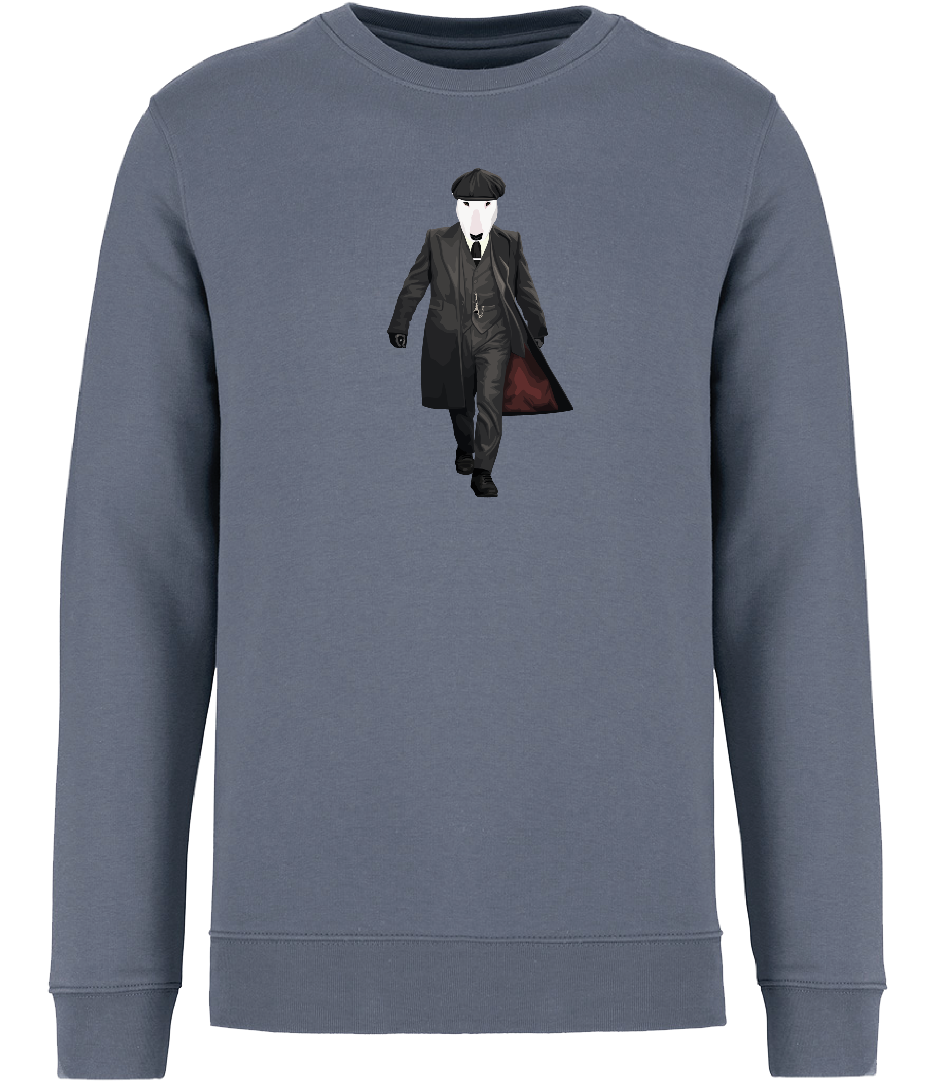 Mineral Grey Sweatshirt printed with an English Bull Terrier Dog dressed as the character Thomas Shelby from the TV series Peaky Blinders