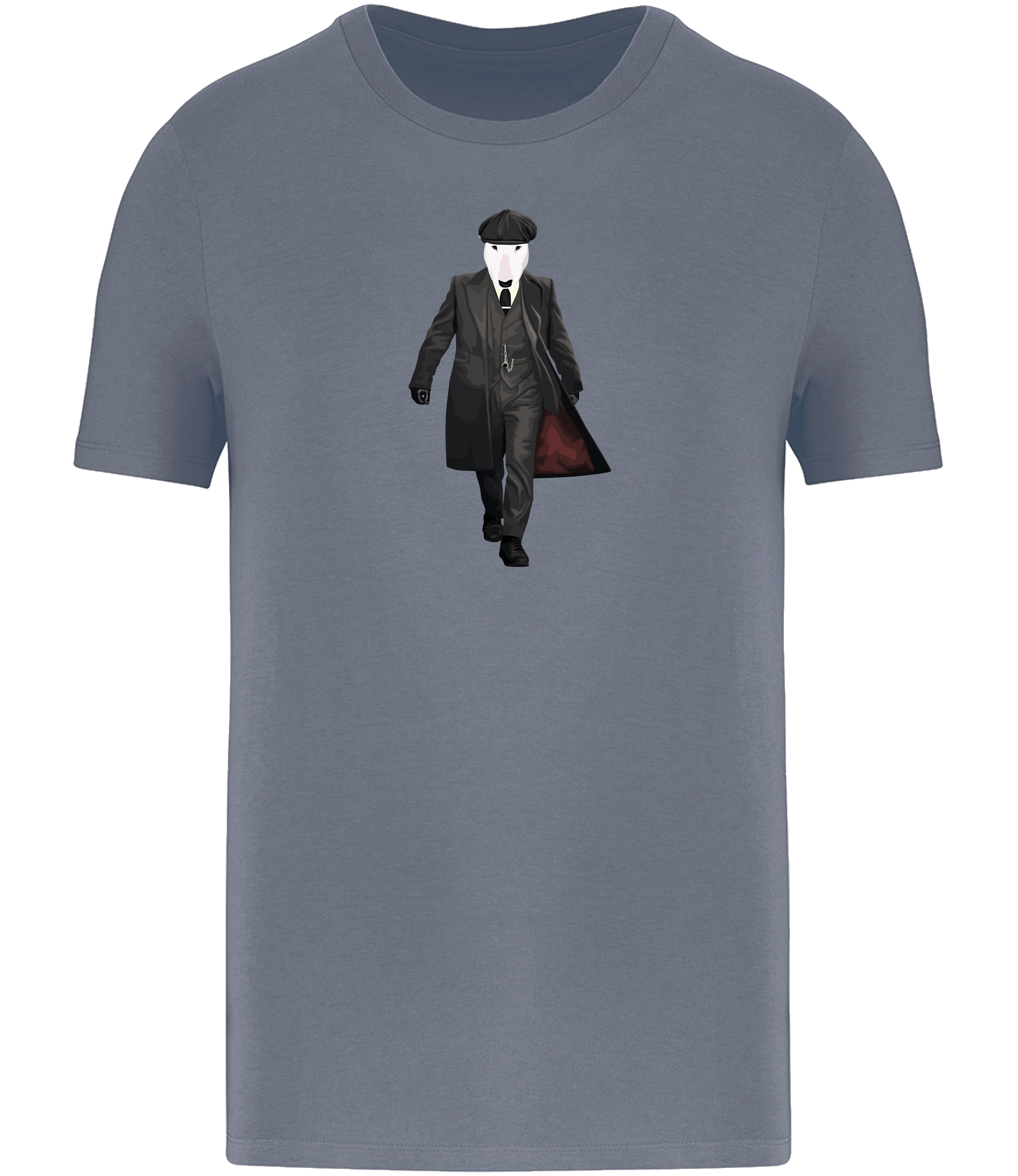 Mineral Grey T-shirt printed with an English Bull Terrier Dog dressed as the character Thomas Shelby from the TV series Peaky Blinders