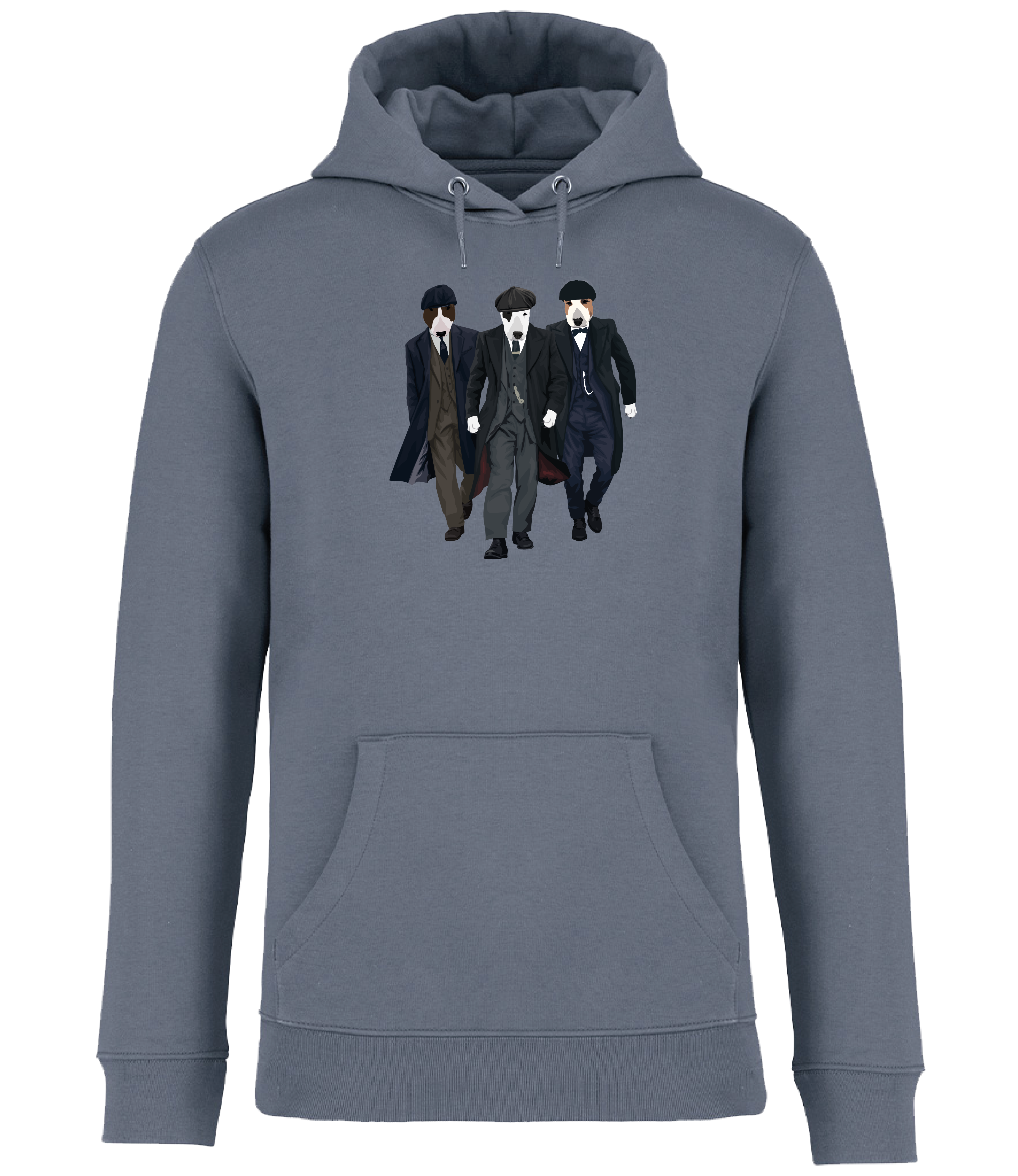 Mineral Grey Hoodie printed with 3 English Bull Terrier Dogs dressed as the characters from the TV series Peaky Blinders