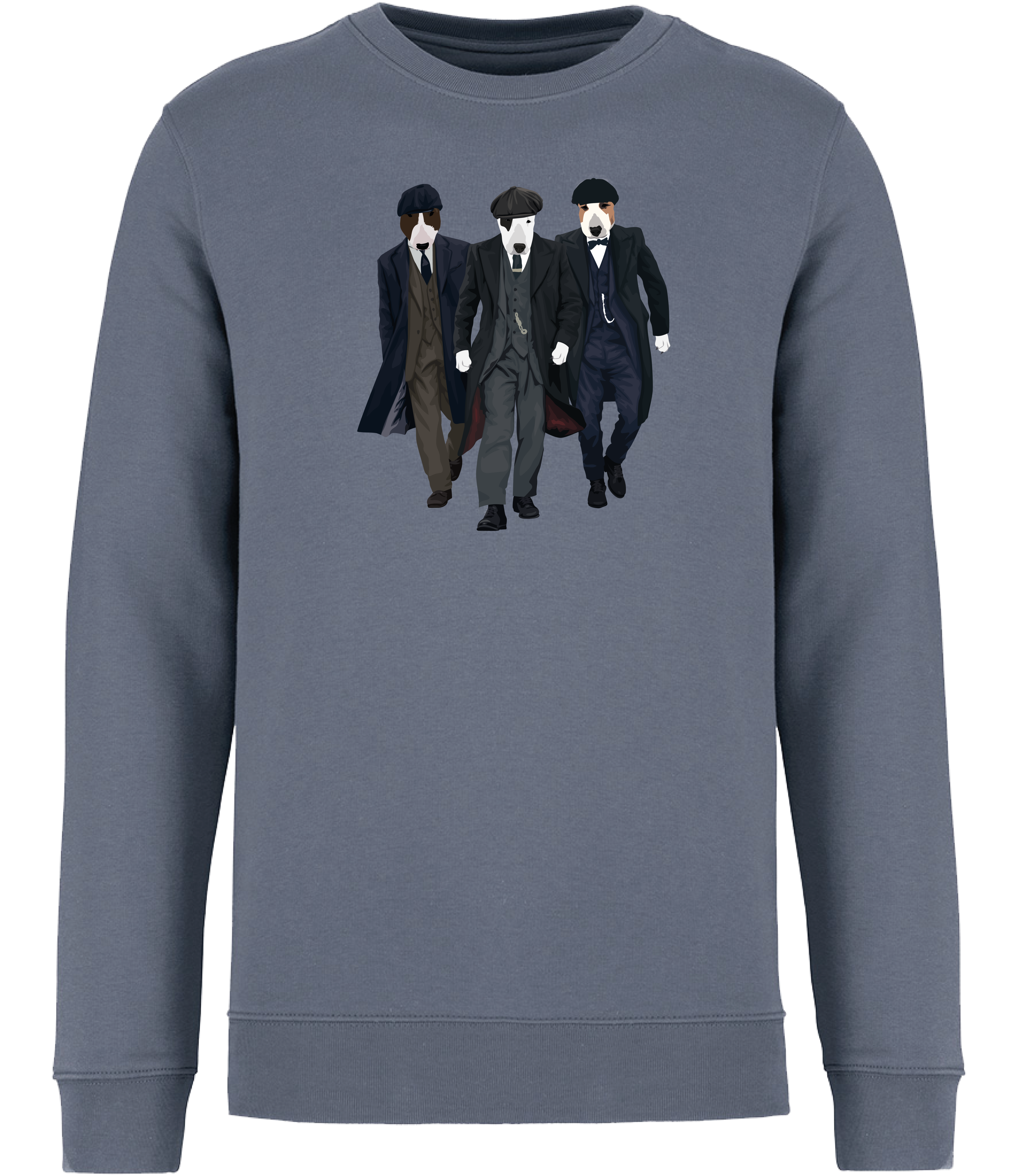 Mineral Grey Sweatshirt printed with 3 English Bull Terrier Dogs dressed as the characters from the TV series Peaky Blinders