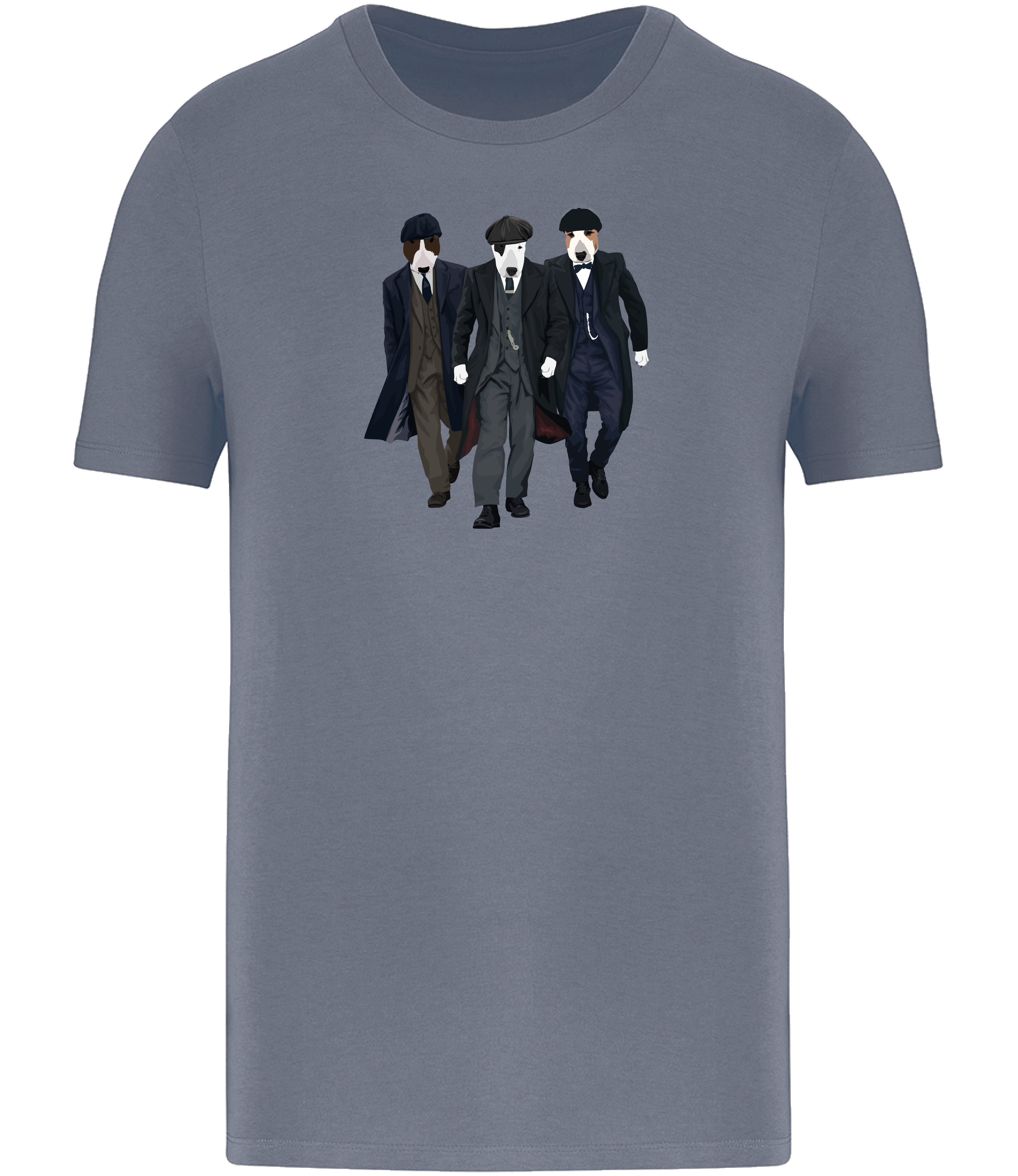 Mineral Grey T-shirt printed with 3 English Bull Terrier Dogs dressed as the characters from the TV series Peaky Blinders