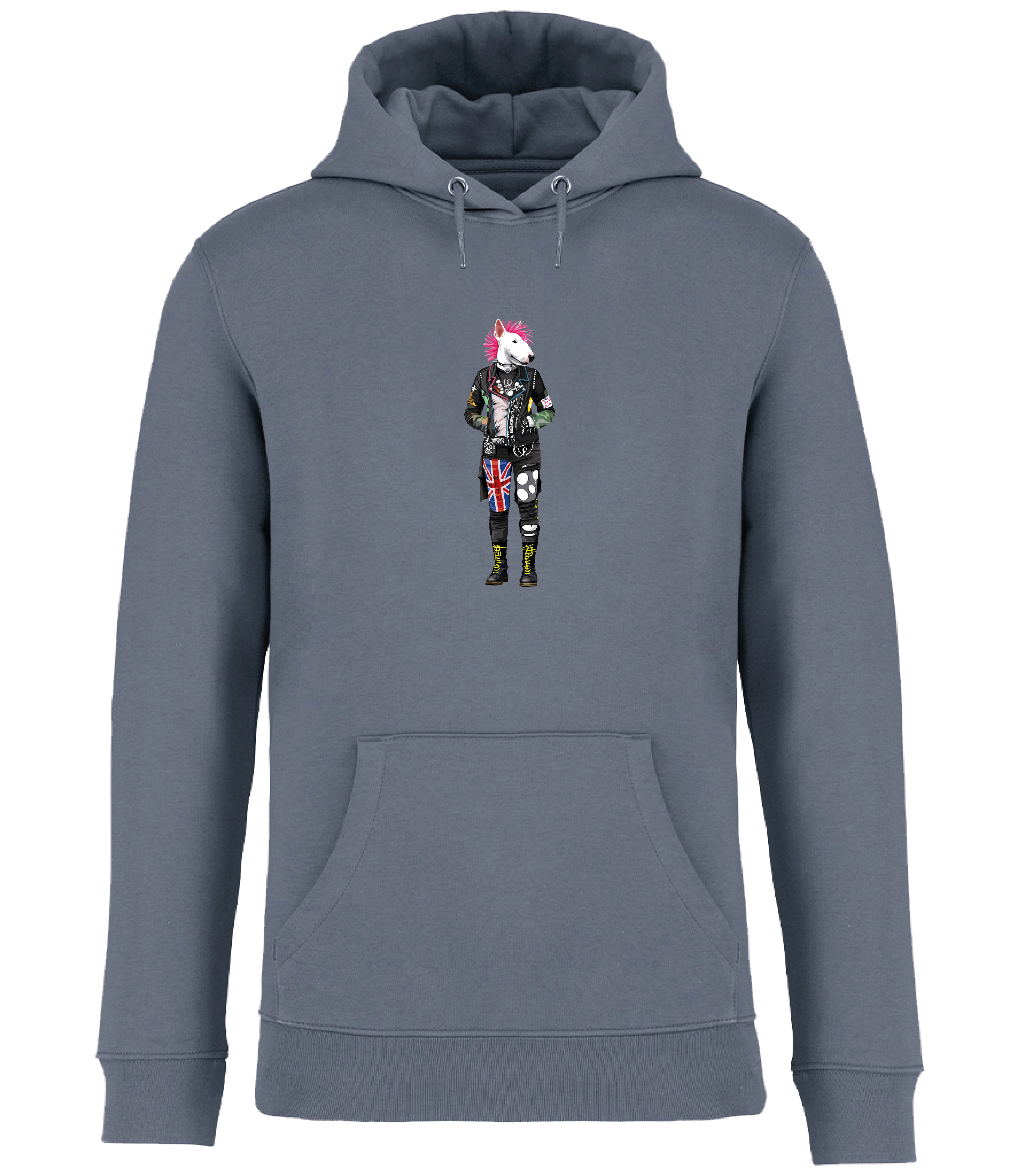 Mineral Grey Hoodie printed with an English Bull Terrier Dog dressed in punk style clothing and a pink mohawk
