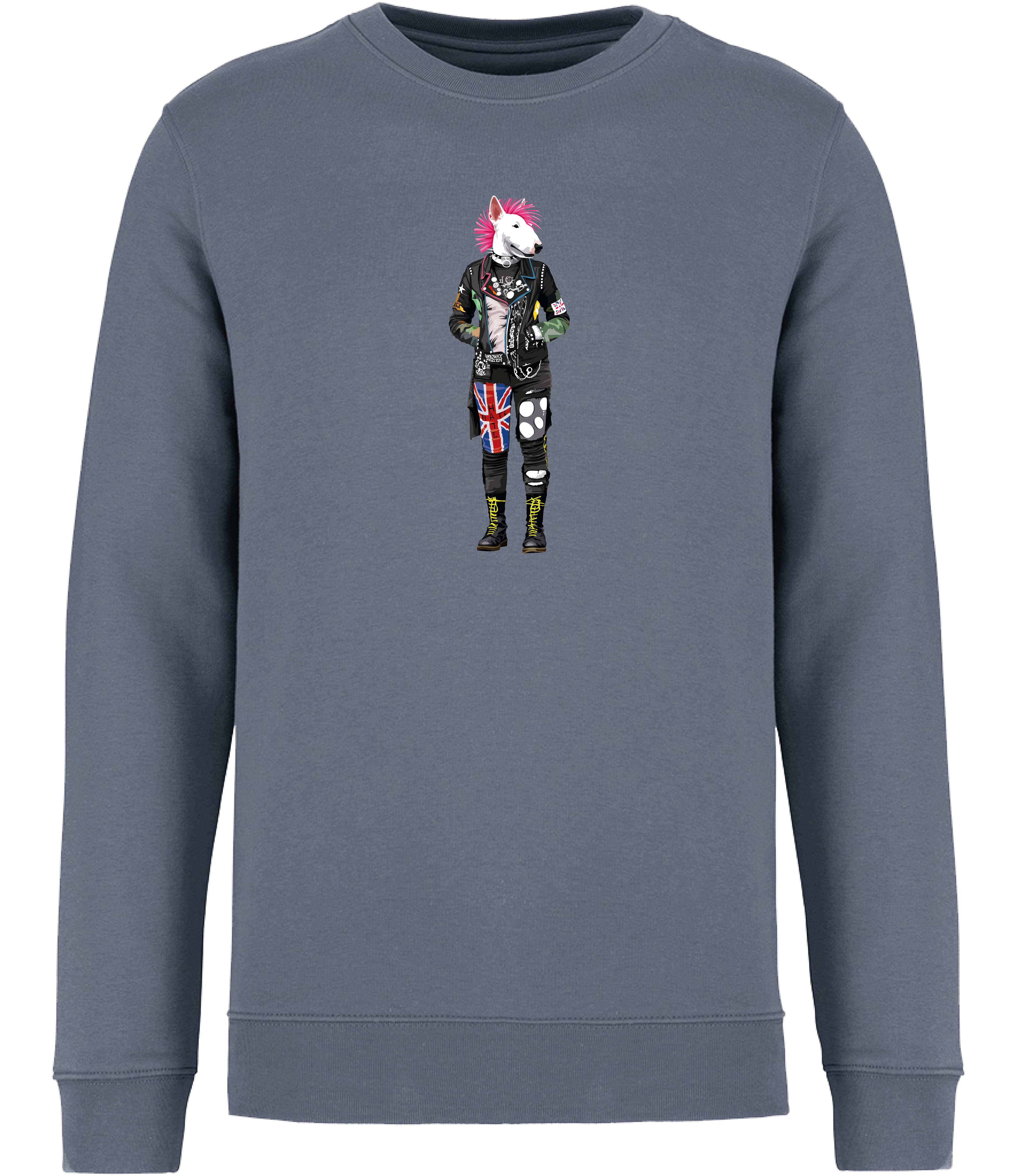 Mineral Grey Sweatshirt printed with an English Bull Terrier Dog dressed in punk style clothing and a pink mohawk