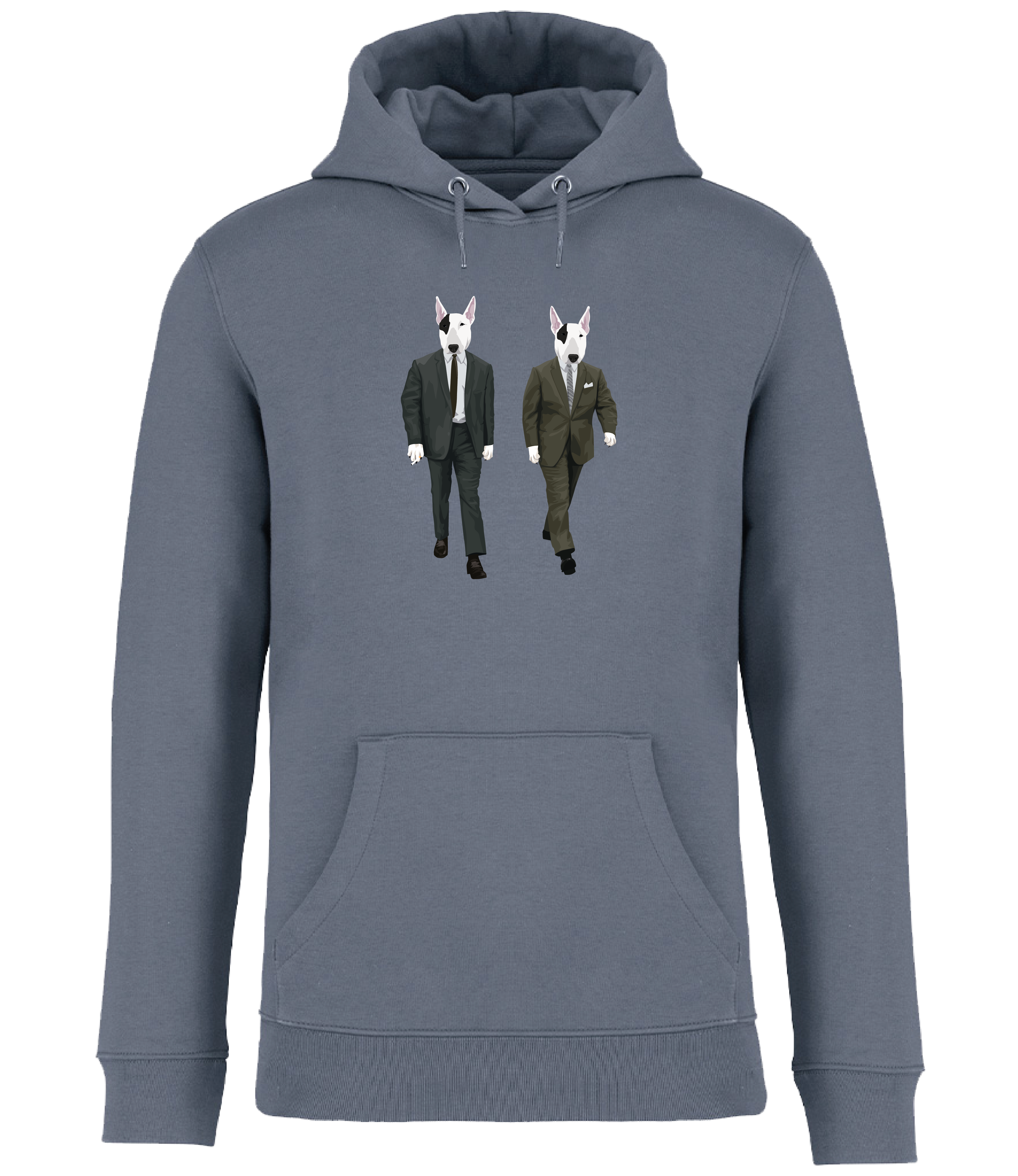 Mineral Grey Hoodie printed with 2 identical looking English Bull Terrier Dogs wearing suits and ties