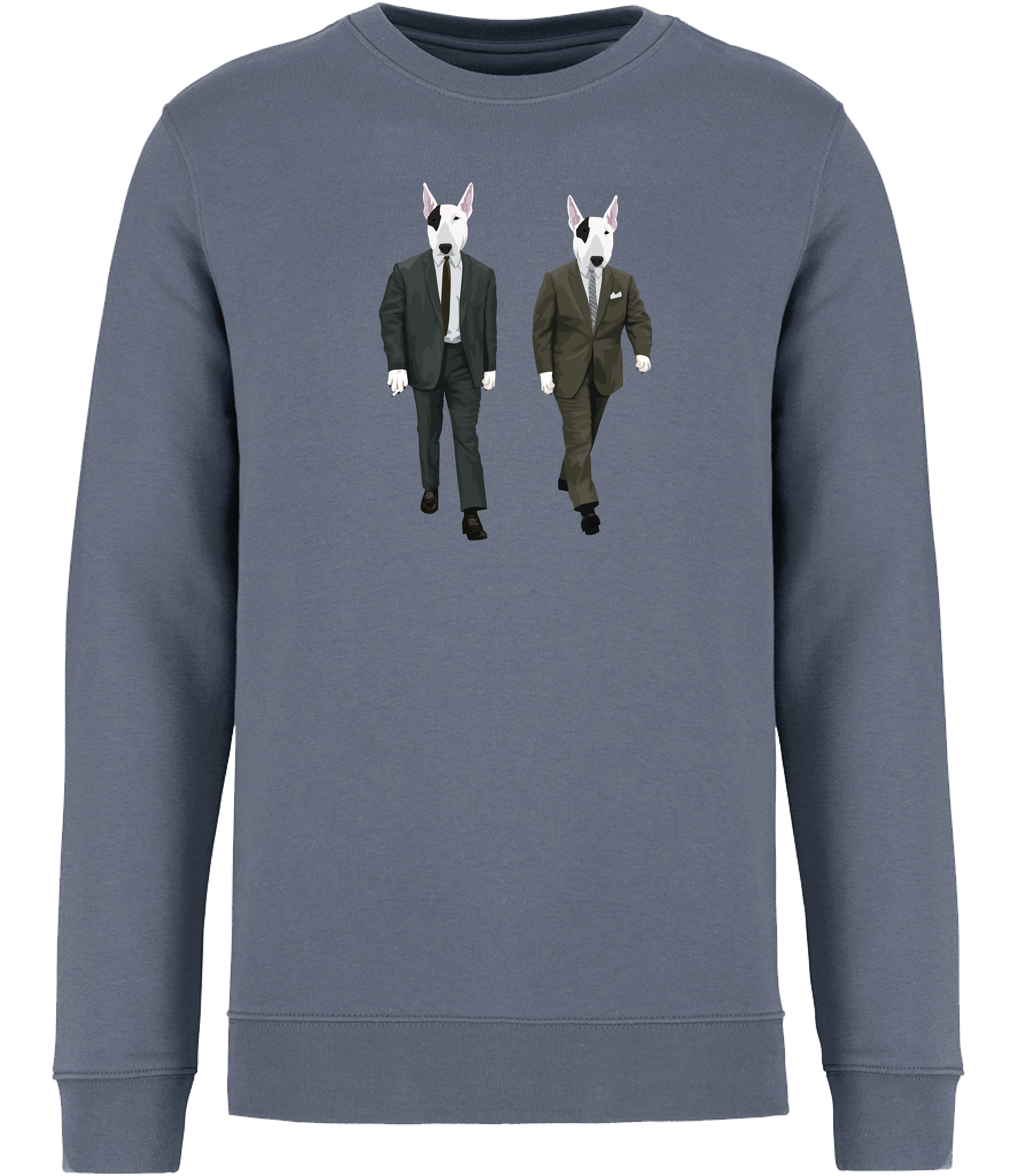 Mineral Grey Sweatshirt printed with 2 identical looking English Bull Terrier Dogs wearing suits and ties