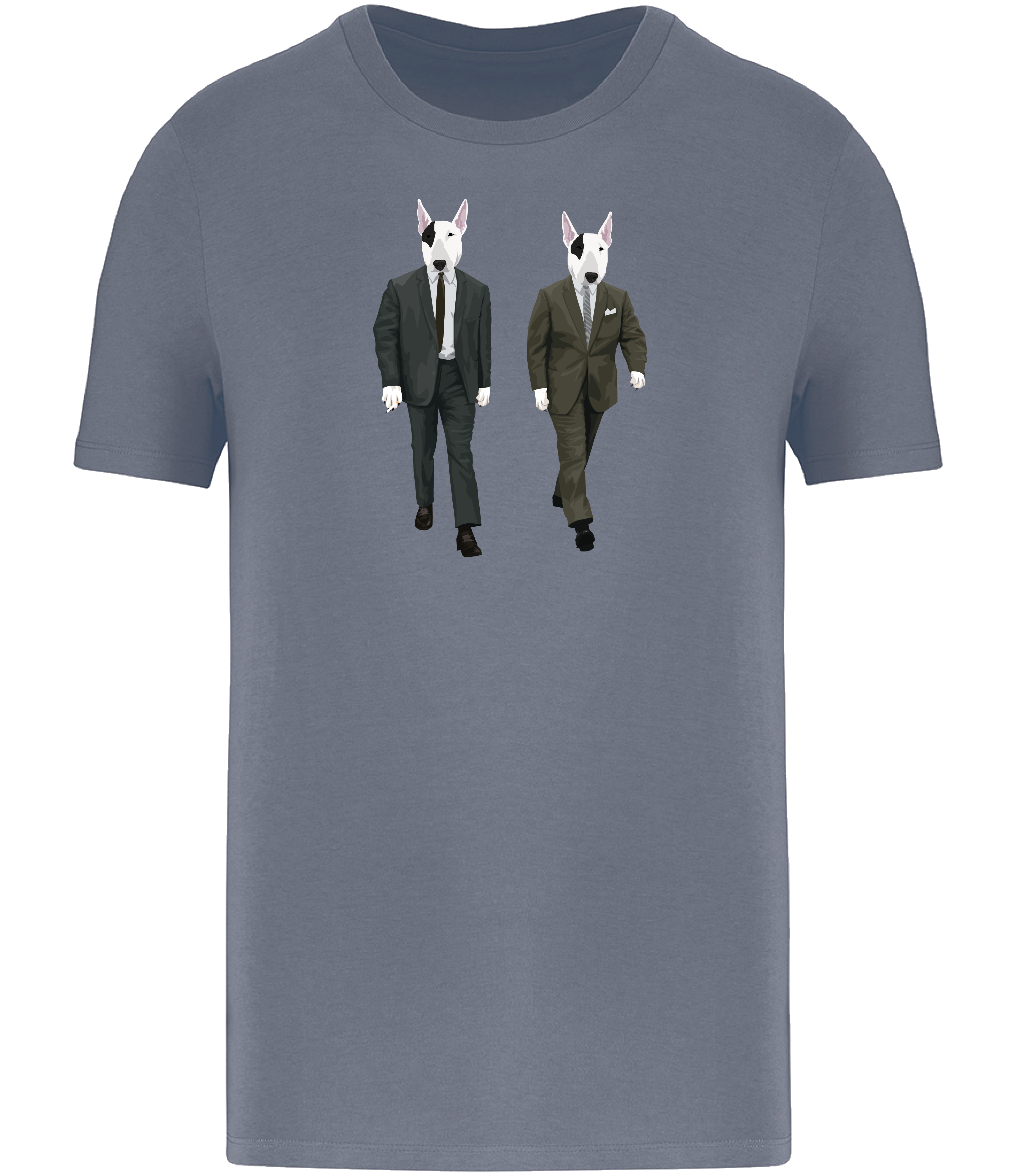 Mineral Grey T-shirt printed with 2 identical looking English Bull Terrier Dogs wearing suits and ties